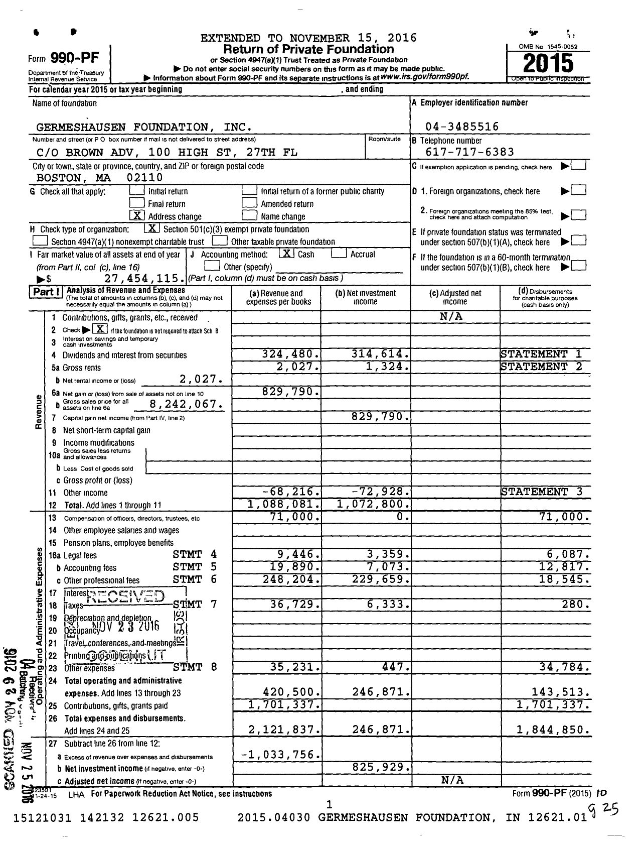 Image of first page of 2015 Form 990PF for Germeshausen Foundation