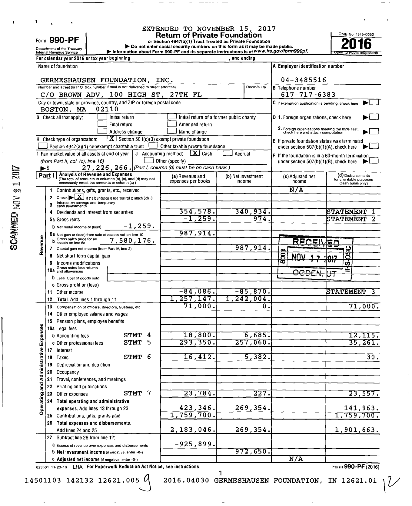 Image of first page of 2016 Form 990PF for Germeshausen Foundation