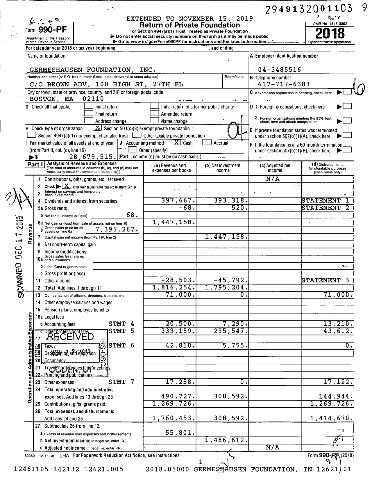 Image of first page of 2018 Form 990PF for Germeshausen Foundation