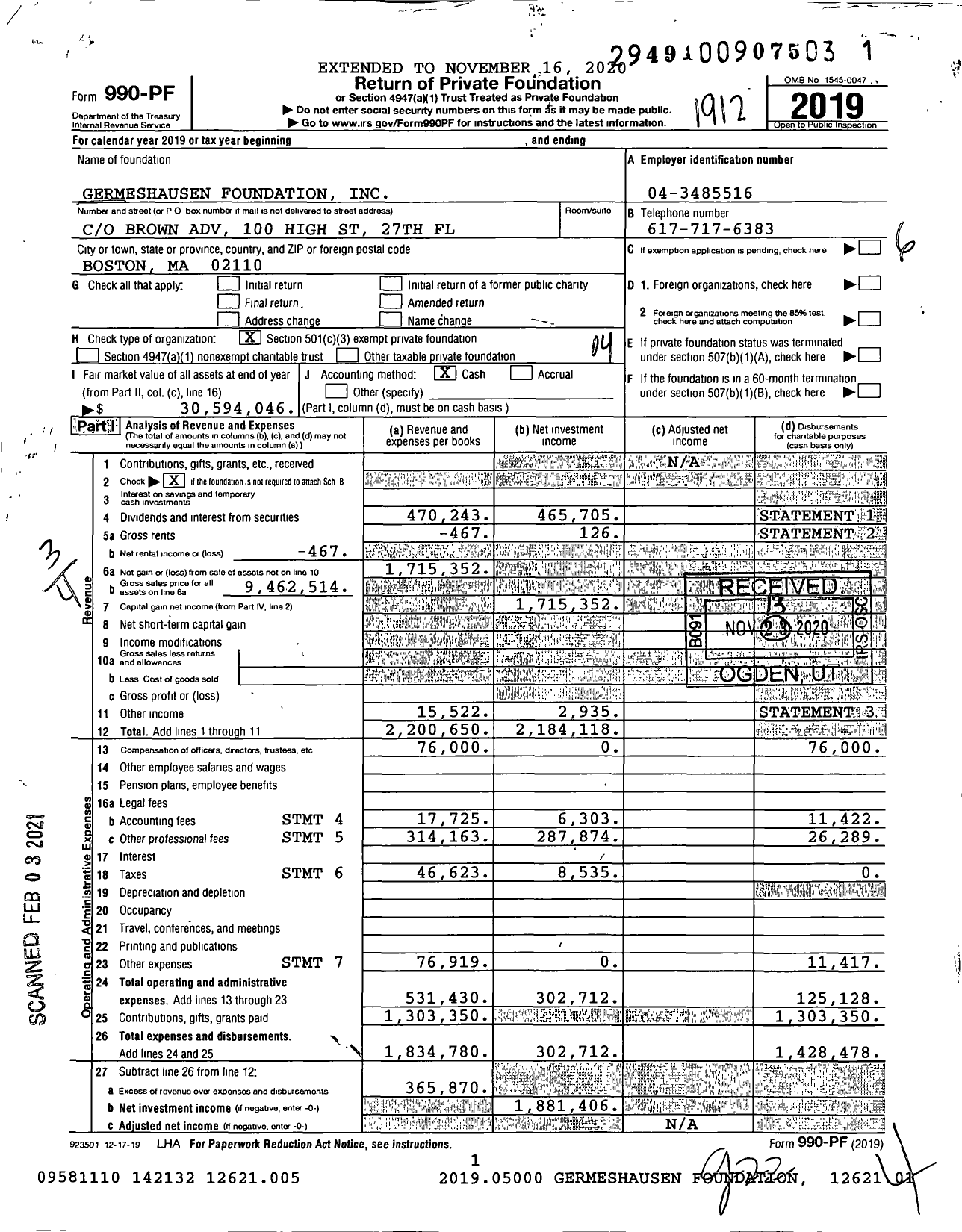 Image of first page of 2019 Form 990PF for Germeshausen Foundation