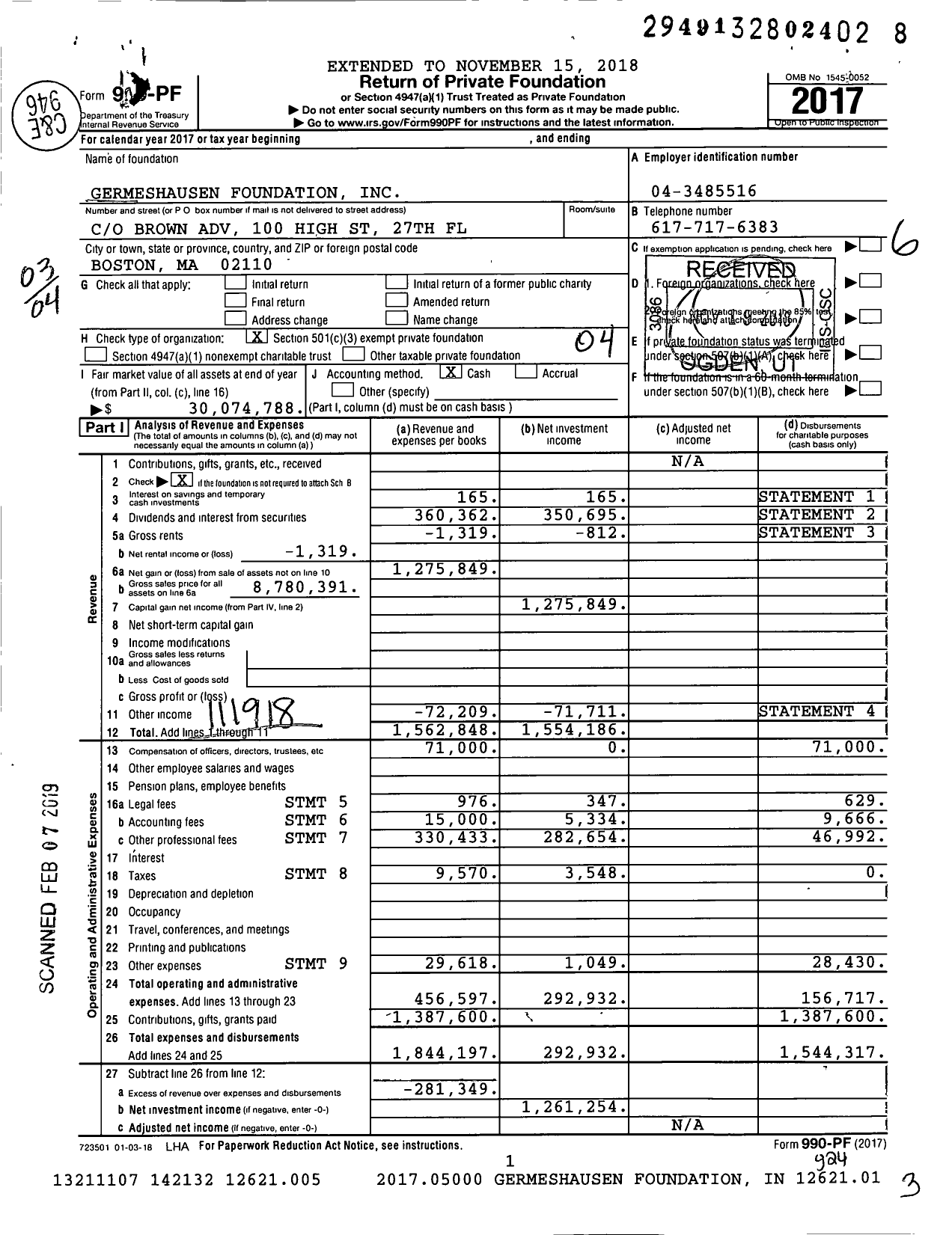 Image of first page of 2017 Form 990PF for Germeshausen Foundation