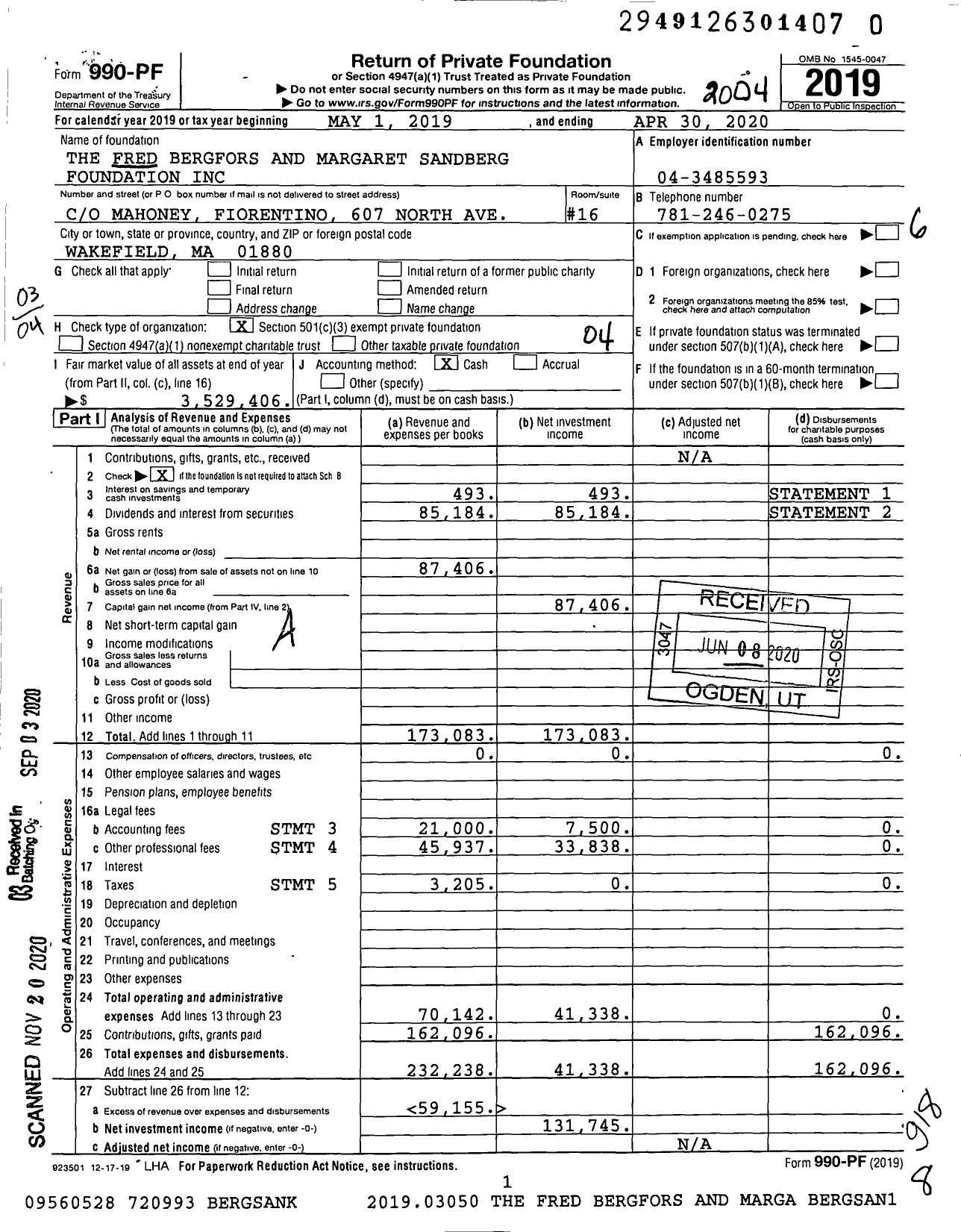 Image of first page of 2019 Form 990PF for The Fred Bergfors and Margaret Sandberg Foundation