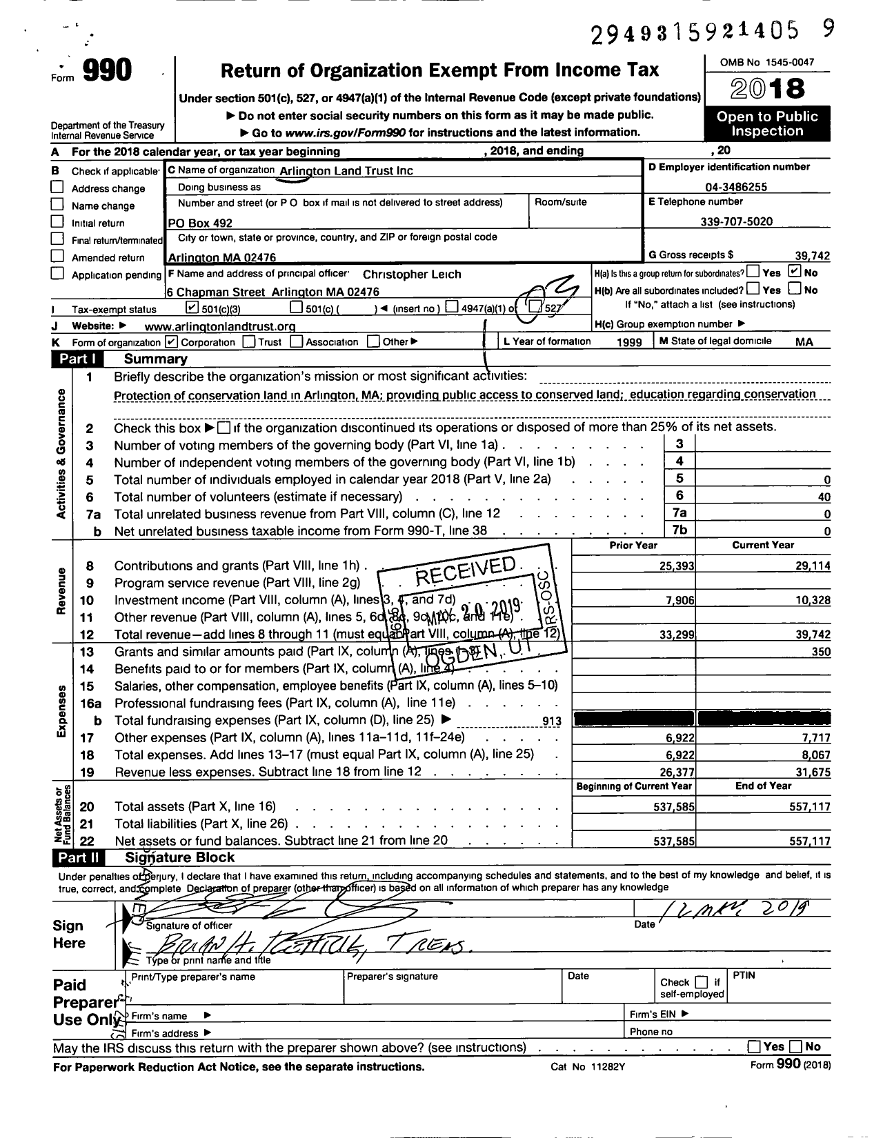 Image of first page of 2018 Form 990 for Arlington Land Trust