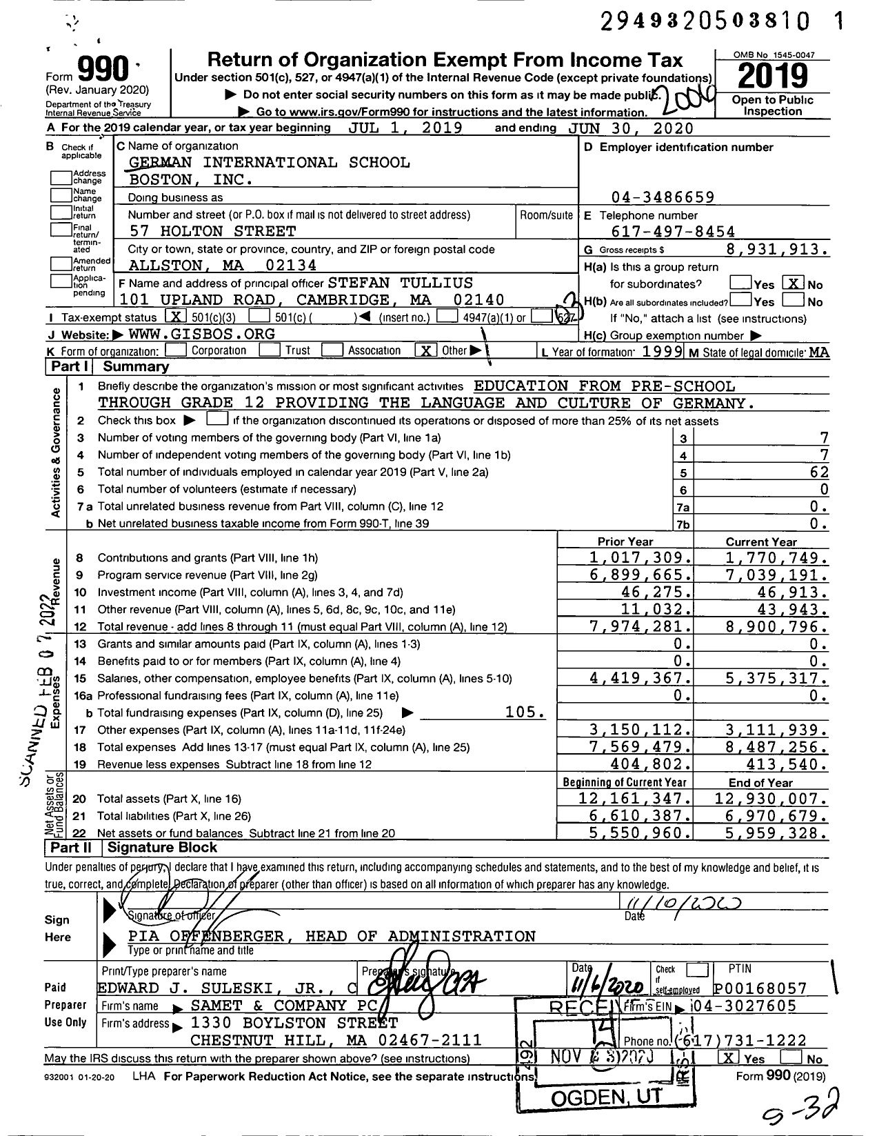 Image of first page of 2019 Form 990 for German International School Boston (GISB)