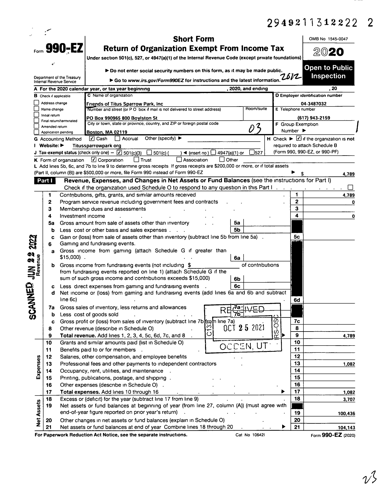 Image of first page of 2020 Form 990EZ for Friends of Titus Sparrow Park