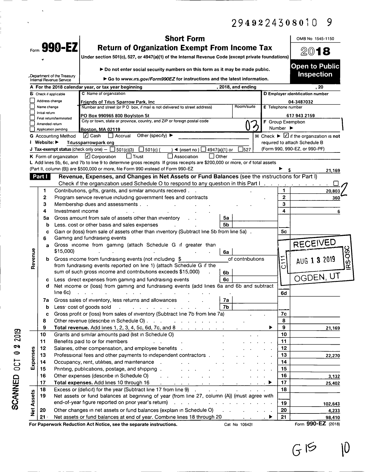 Image of first page of 2018 Form 990EZ for Friends of Titus Sparrow Park