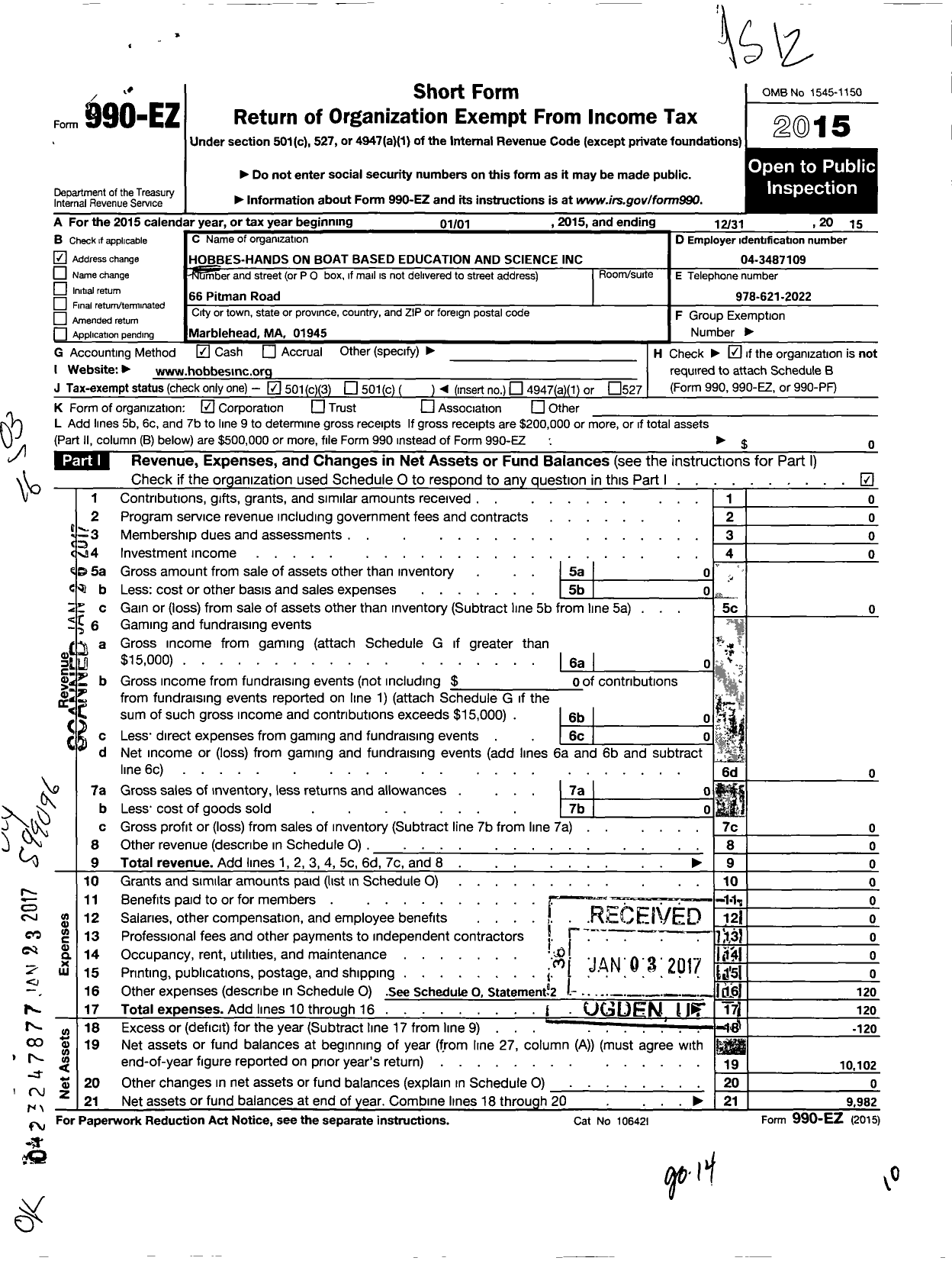 Image of first page of 2015 Form 990EZ for Hobbes-Hands on Boat Based Education and Science