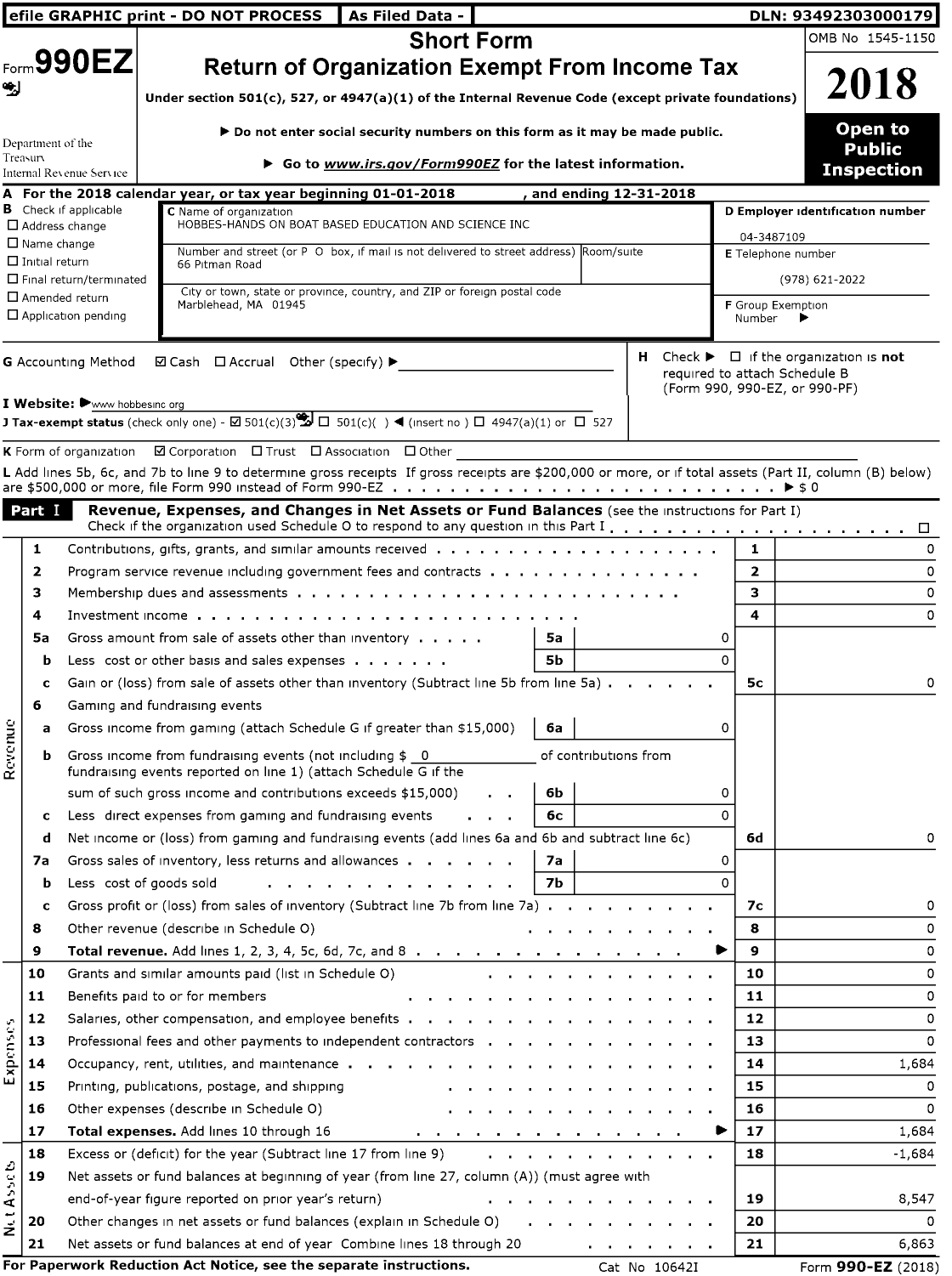 Image of first page of 2018 Form 990EZ for Hobbes-Hands on Boat Based Education and Science