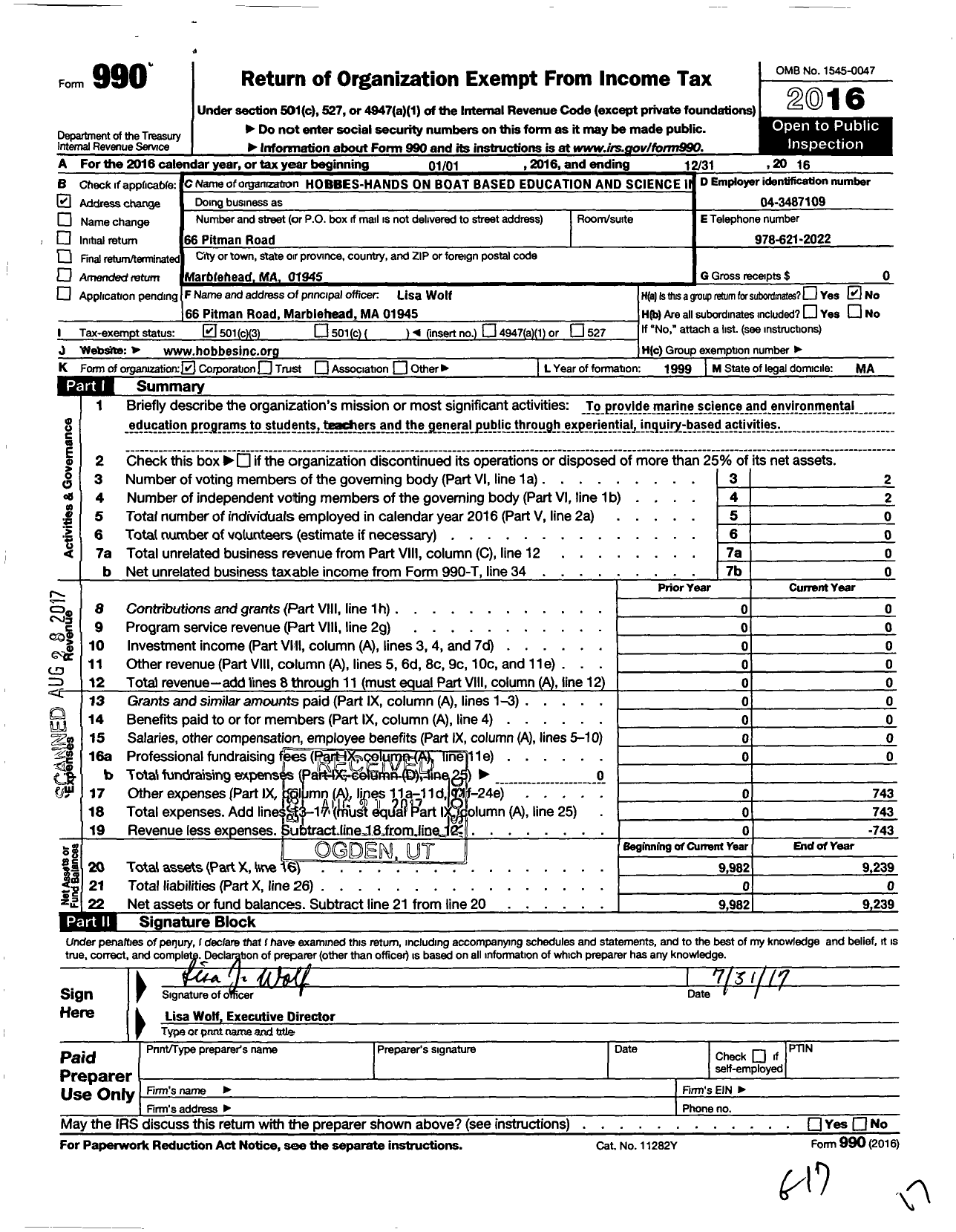 Image of first page of 2016 Form 990 for Hobbes-Hands on Boat Based Education and Science