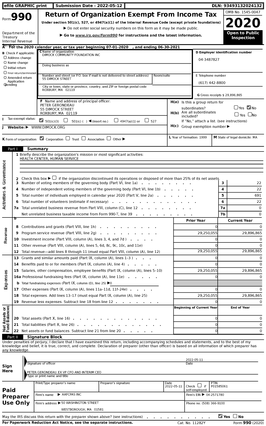 Image of first page of 2020 Form 990 for Dimock Community Foundation