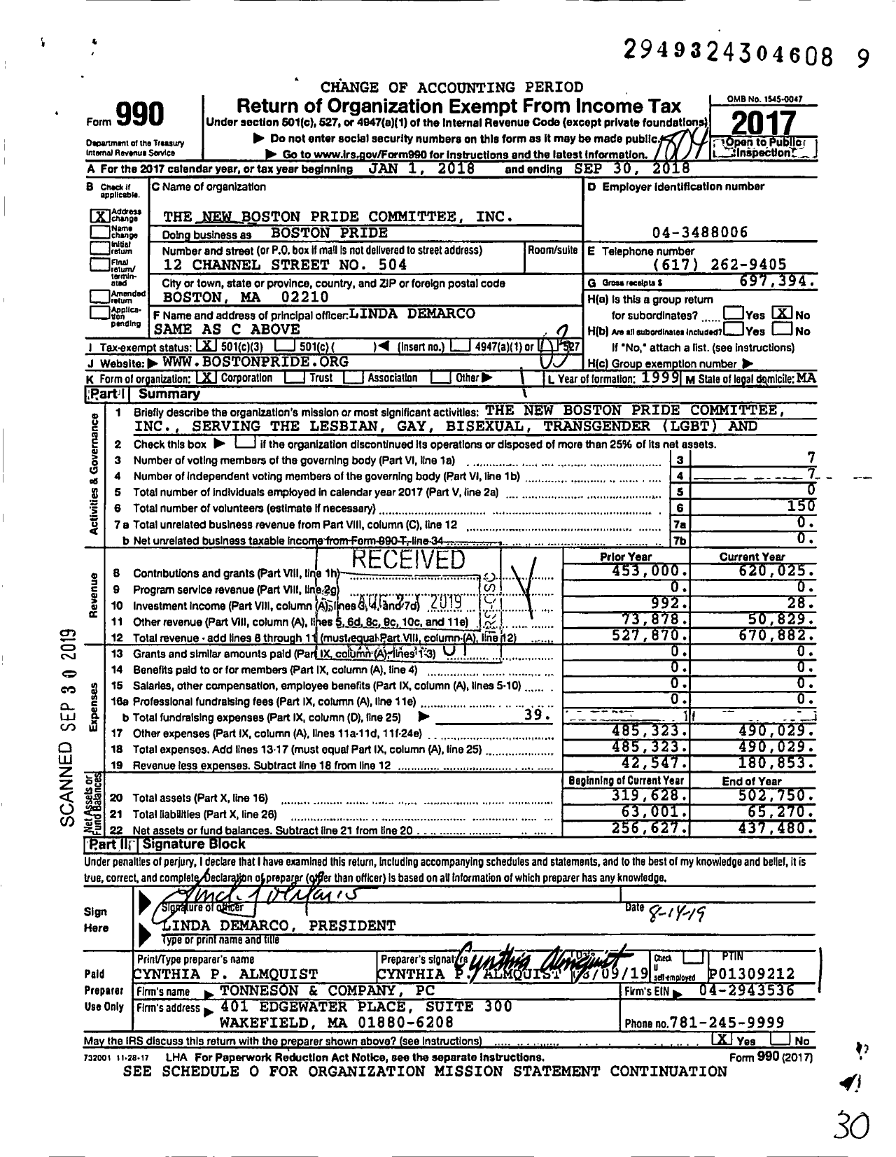 Image of first page of 2017 Form 990 for New Boston Pride Committee