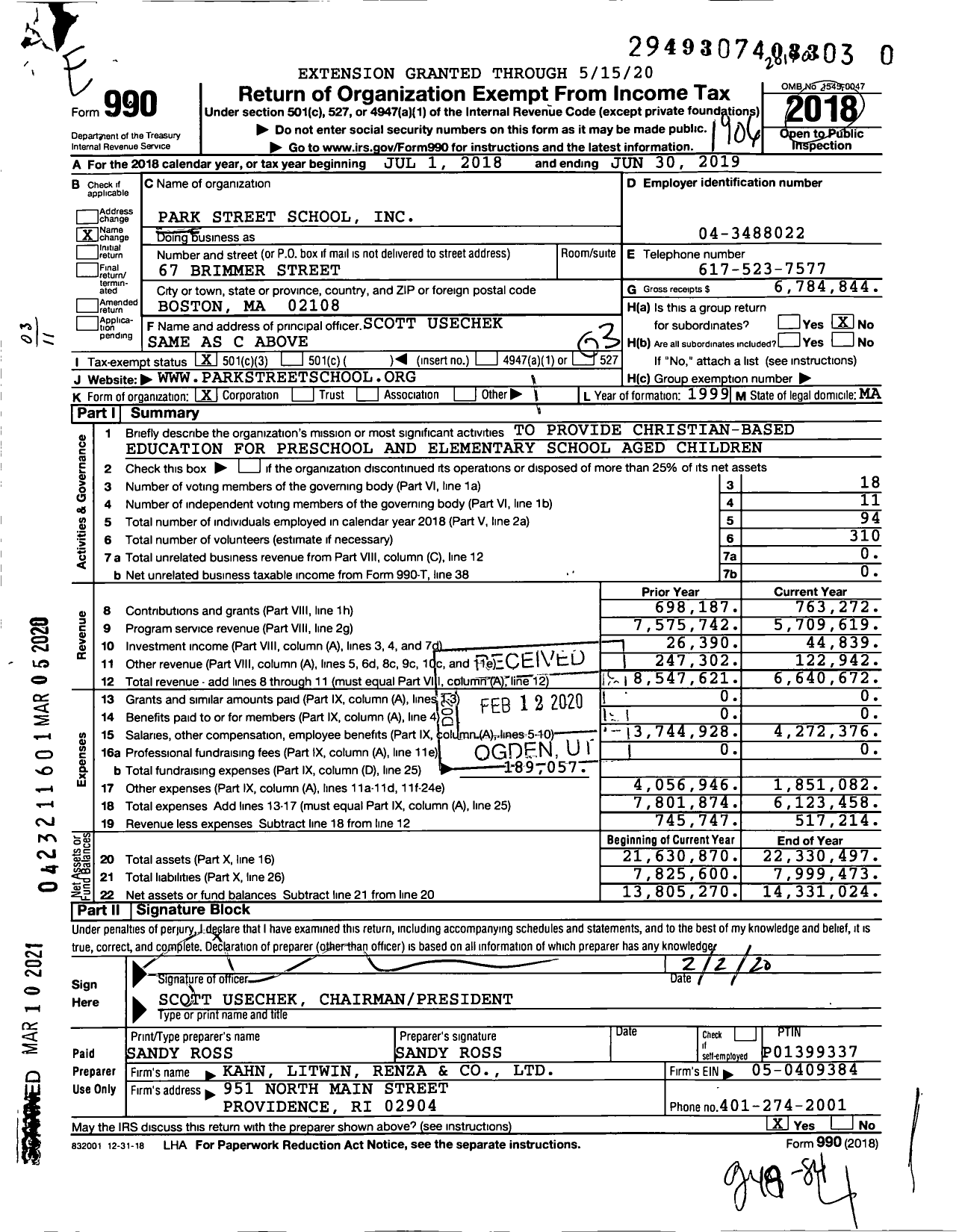 Image of first page of 2018 Form 990 for Park Street School