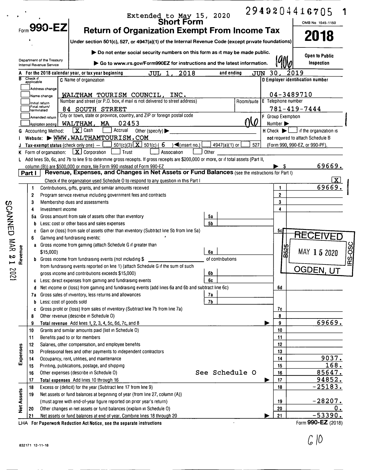 Image of first page of 2018 Form 990EO for Waltham Tourism Council