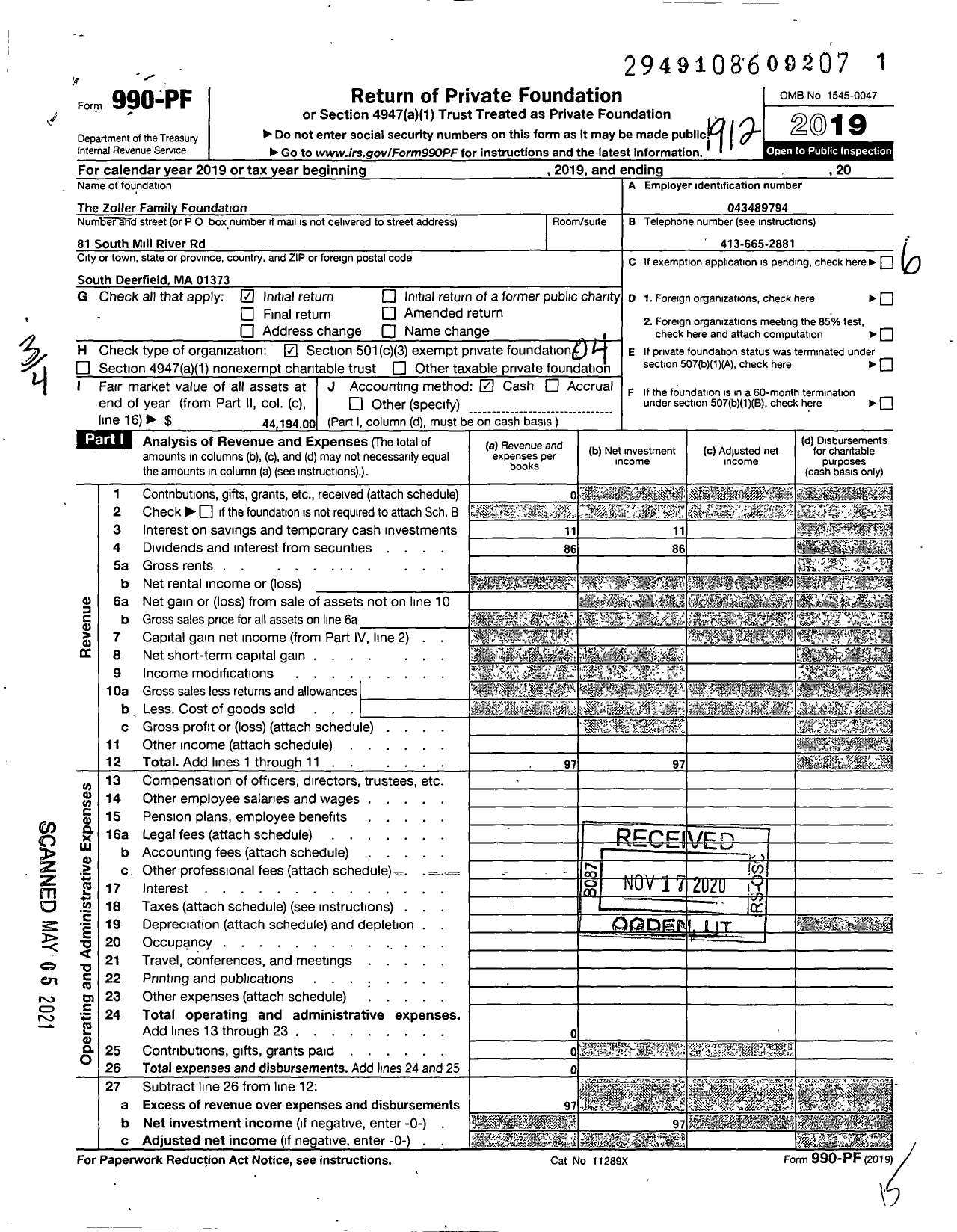 Image of first page of 2019 Form 990PF for Zoller Family Foundation