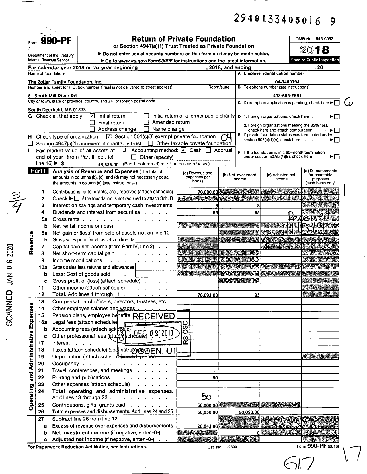 Image of first page of 2018 Form 990PF for Zoller Family Foundation