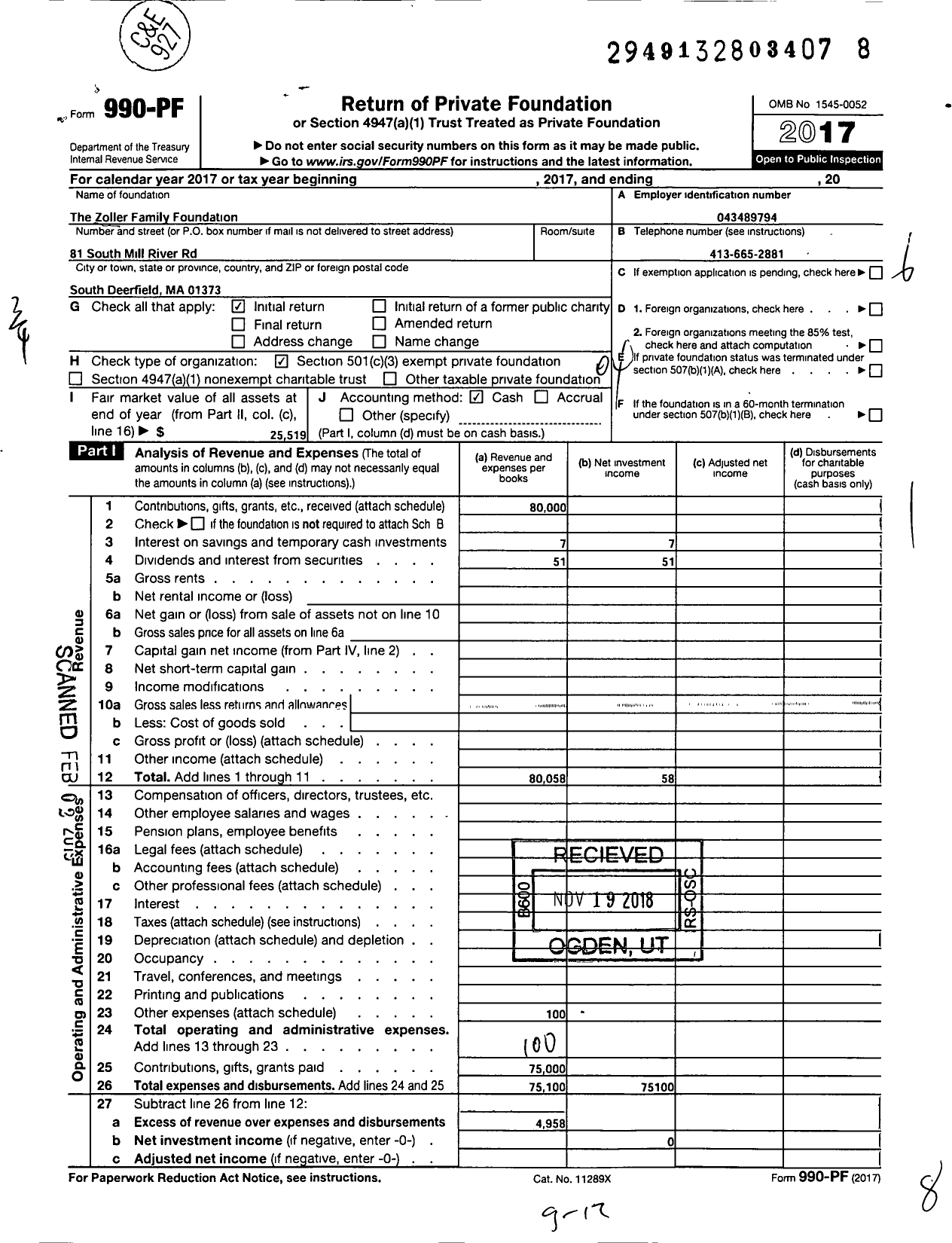 Image of first page of 2017 Form 990PF for Zoller Family Foundation