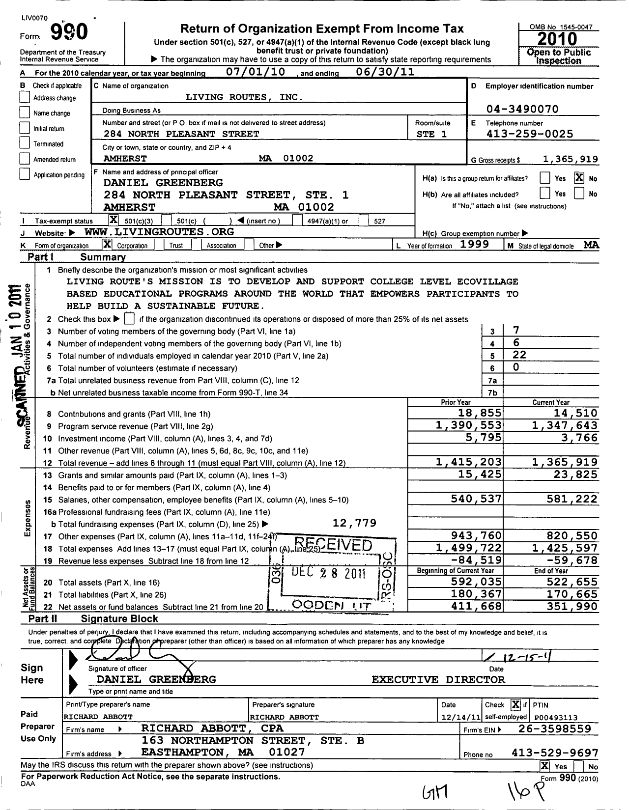 Image of first page of 2010 Form 990 for Living Routes