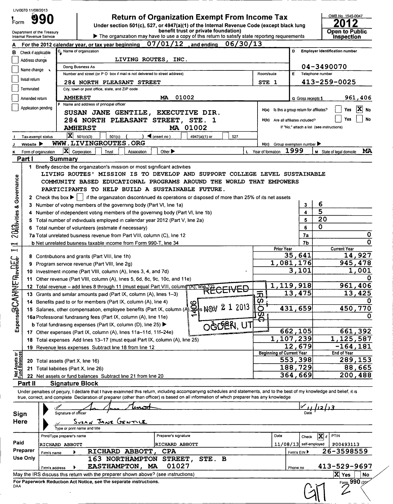 Image of first page of 2012 Form 990 for Living Routes