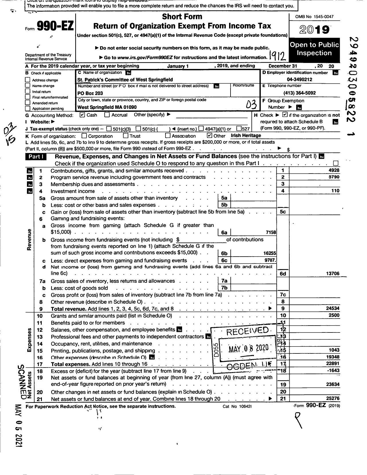 Image of first page of 2019 Form 990EZ for St Patricks Parade Committee of West Sprngfied