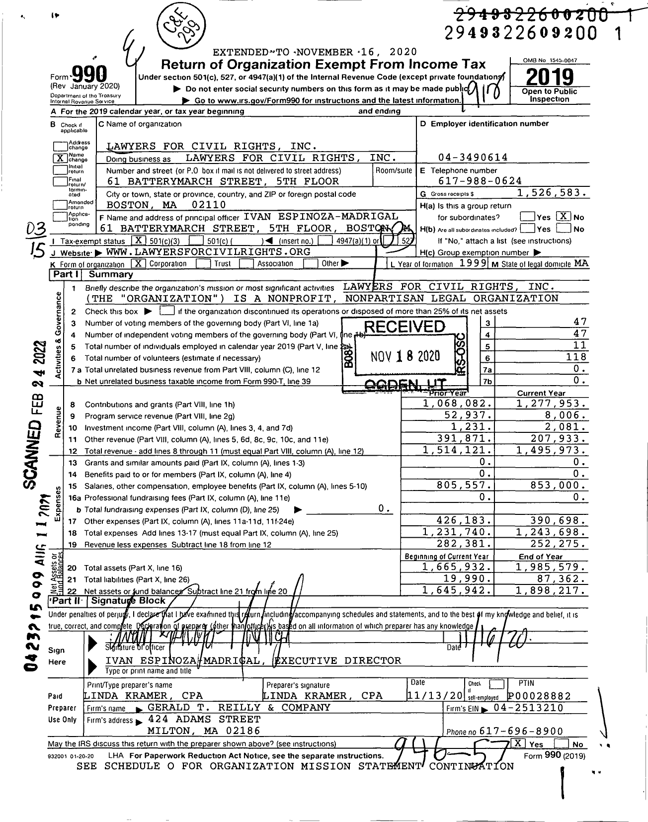 Image of first page of 2019 Form 990 for Lawyers for Civil Rights