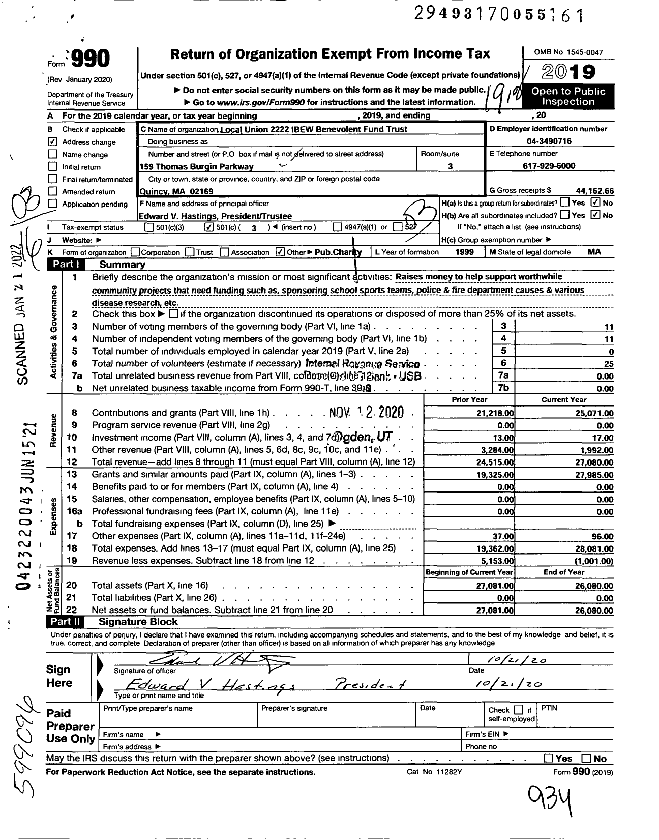 Image of first page of 2019 Form 990 for Local 2222 IBEW Benevolent Fund Trust