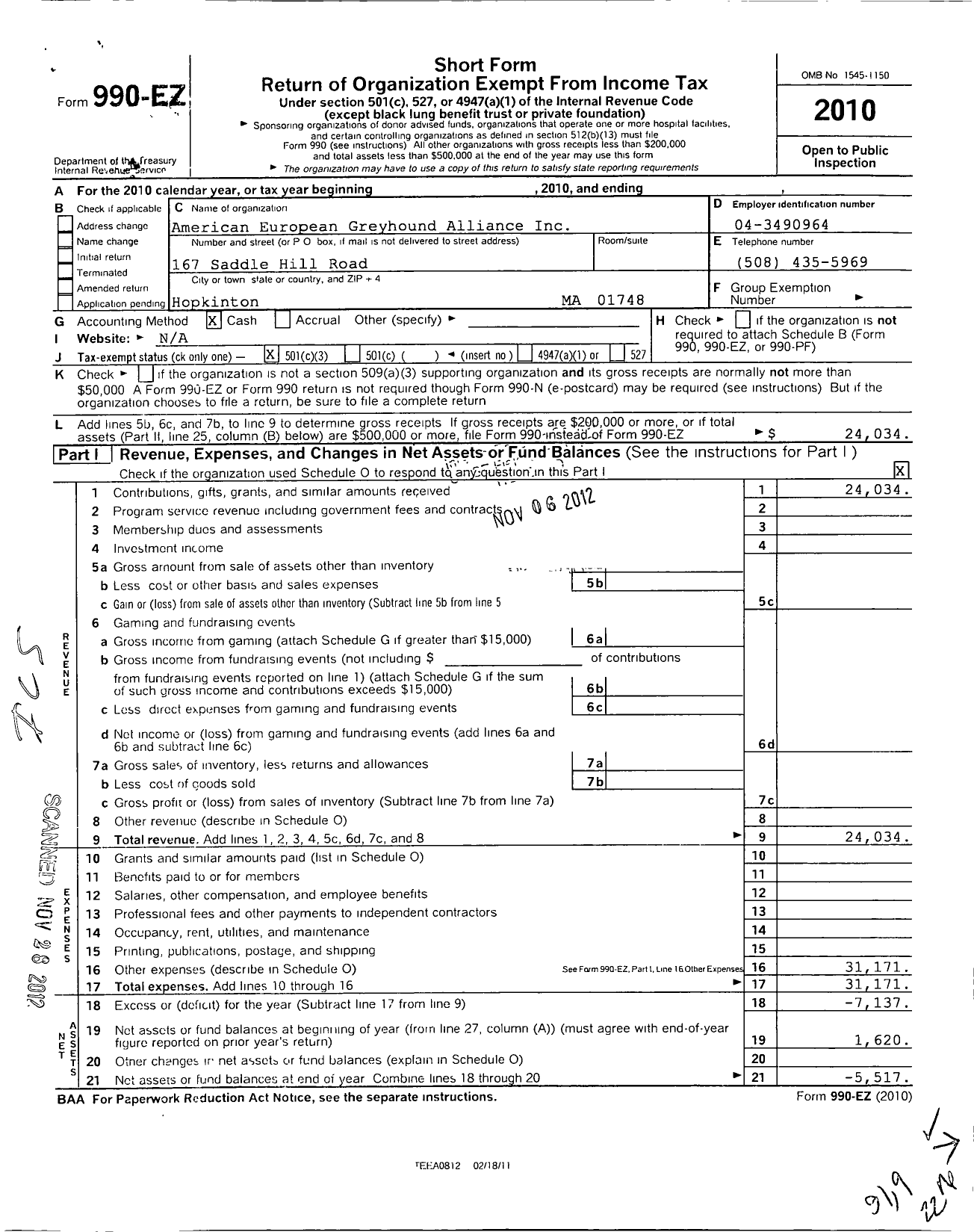 Image of first page of 2010 Form 990EZ for American European Greyhound Alliance