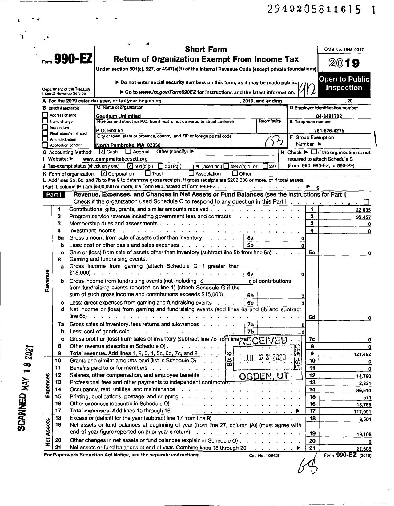 Image of first page of 2019 Form 990EZ for Gaudium Unlimited