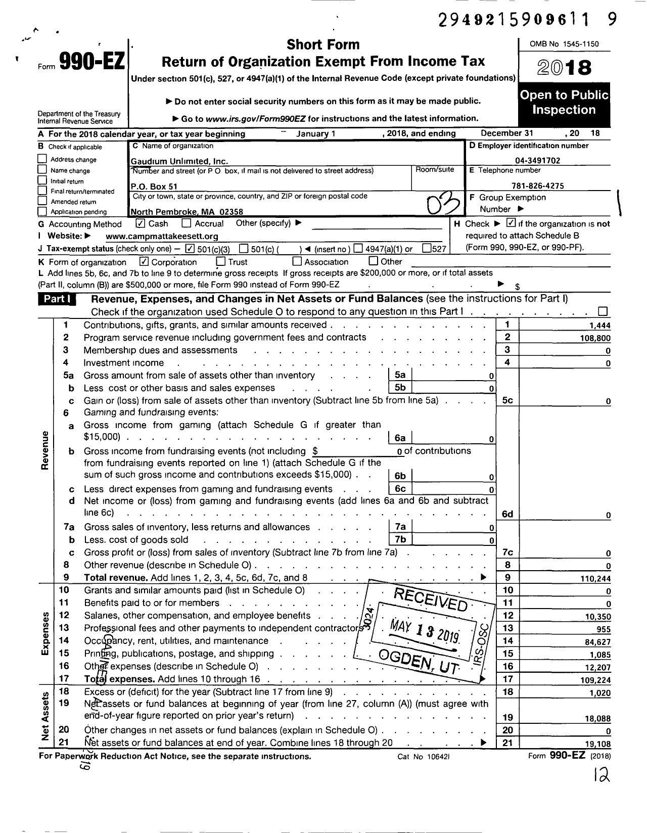 Image of first page of 2018 Form 990EZ for Gaudium Unlimited