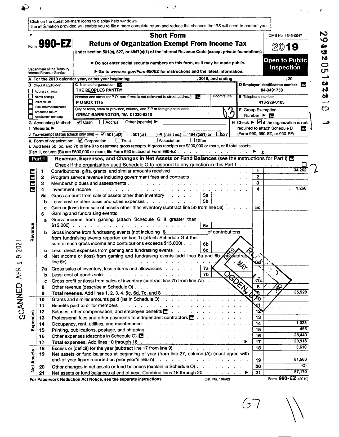 Image of first page of 2019 Form 990EZ for The Peoples Pantry