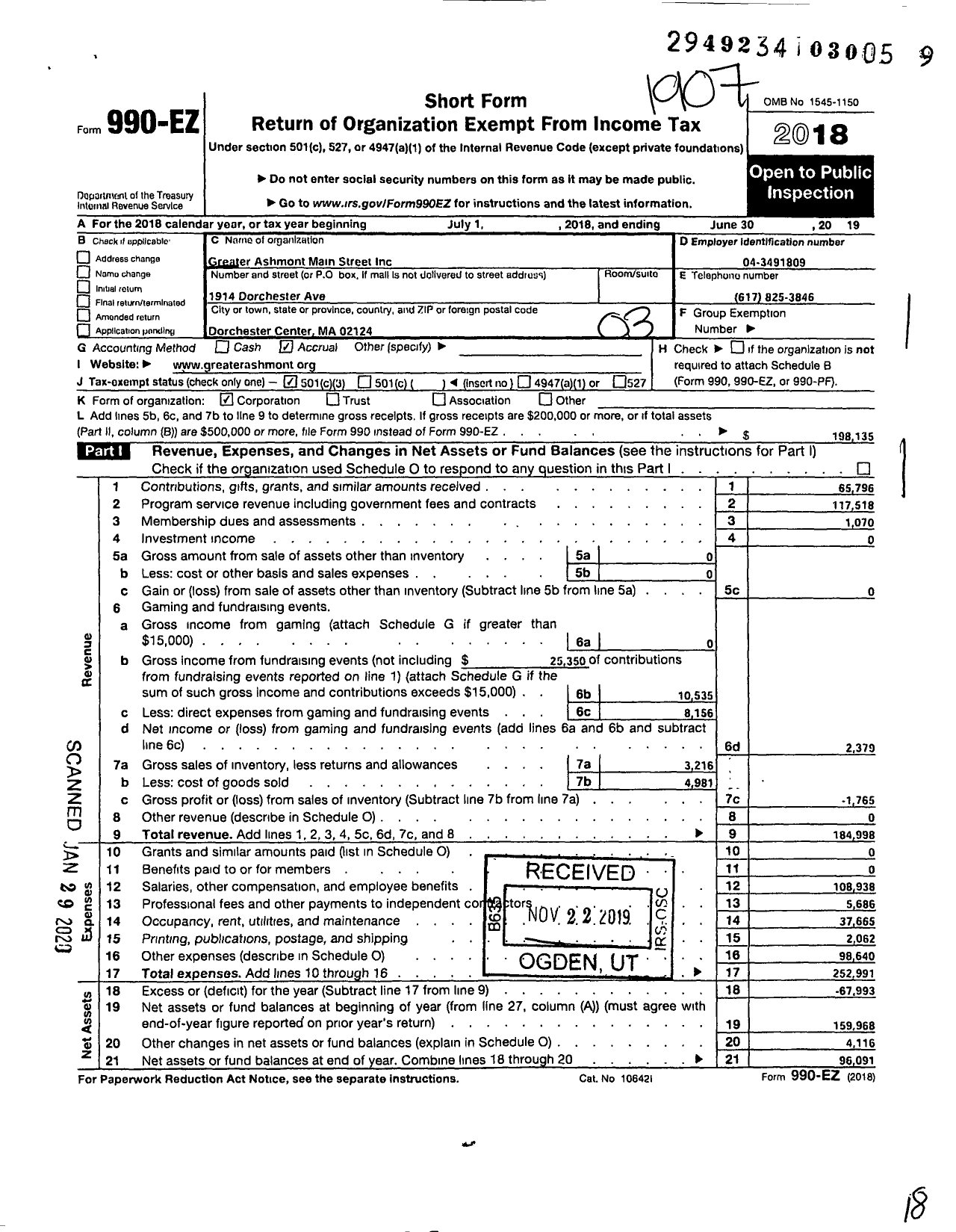 Image of first page of 2018 Form 990EZ for Greater Ashmont Main Street