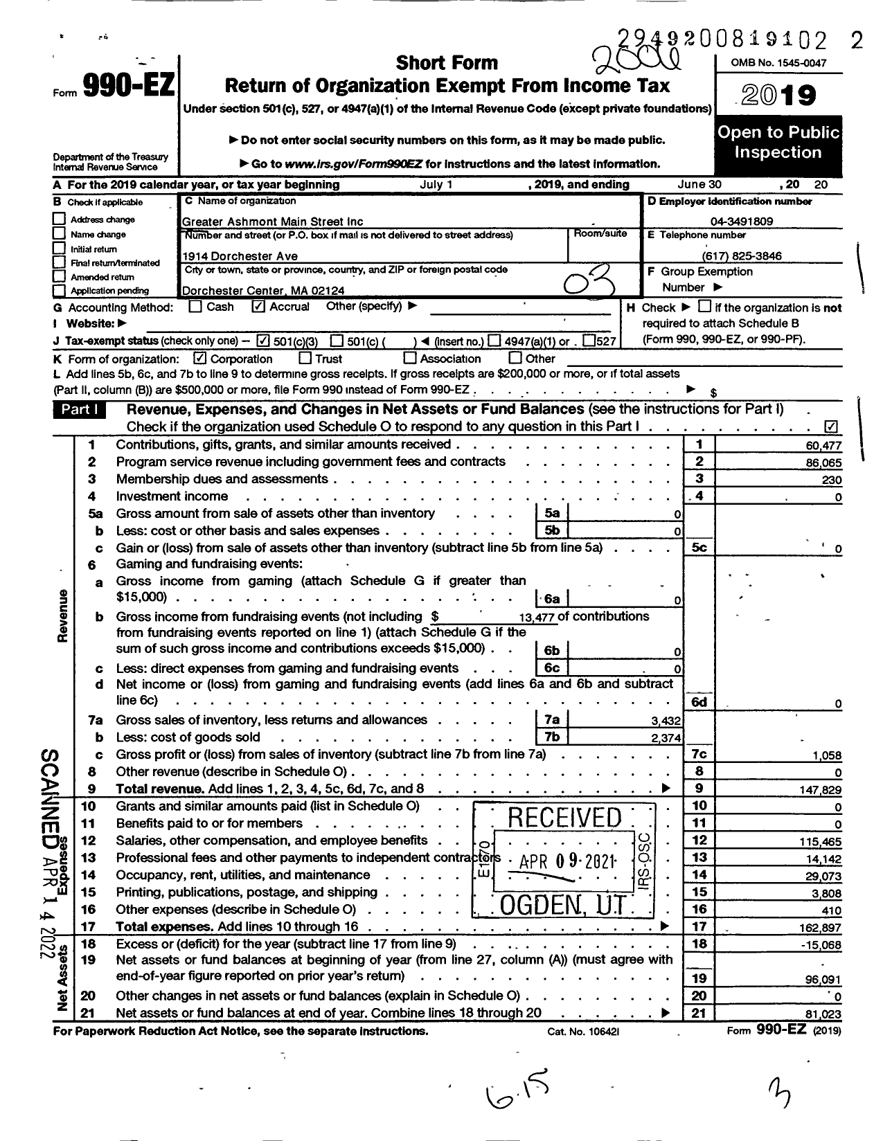 Image of first page of 2019 Form 990EZ for Greater Ashmont Main Street