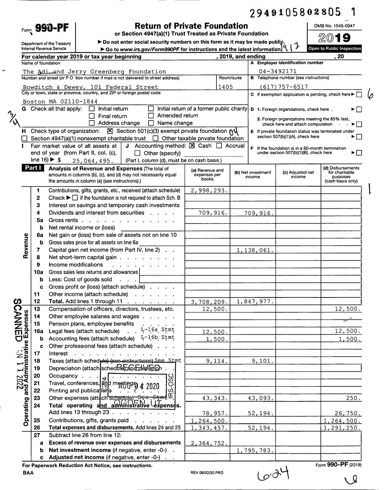 Image of first page of 2019 Form 990PF for The Adi and Jerry Greenberg Foundation