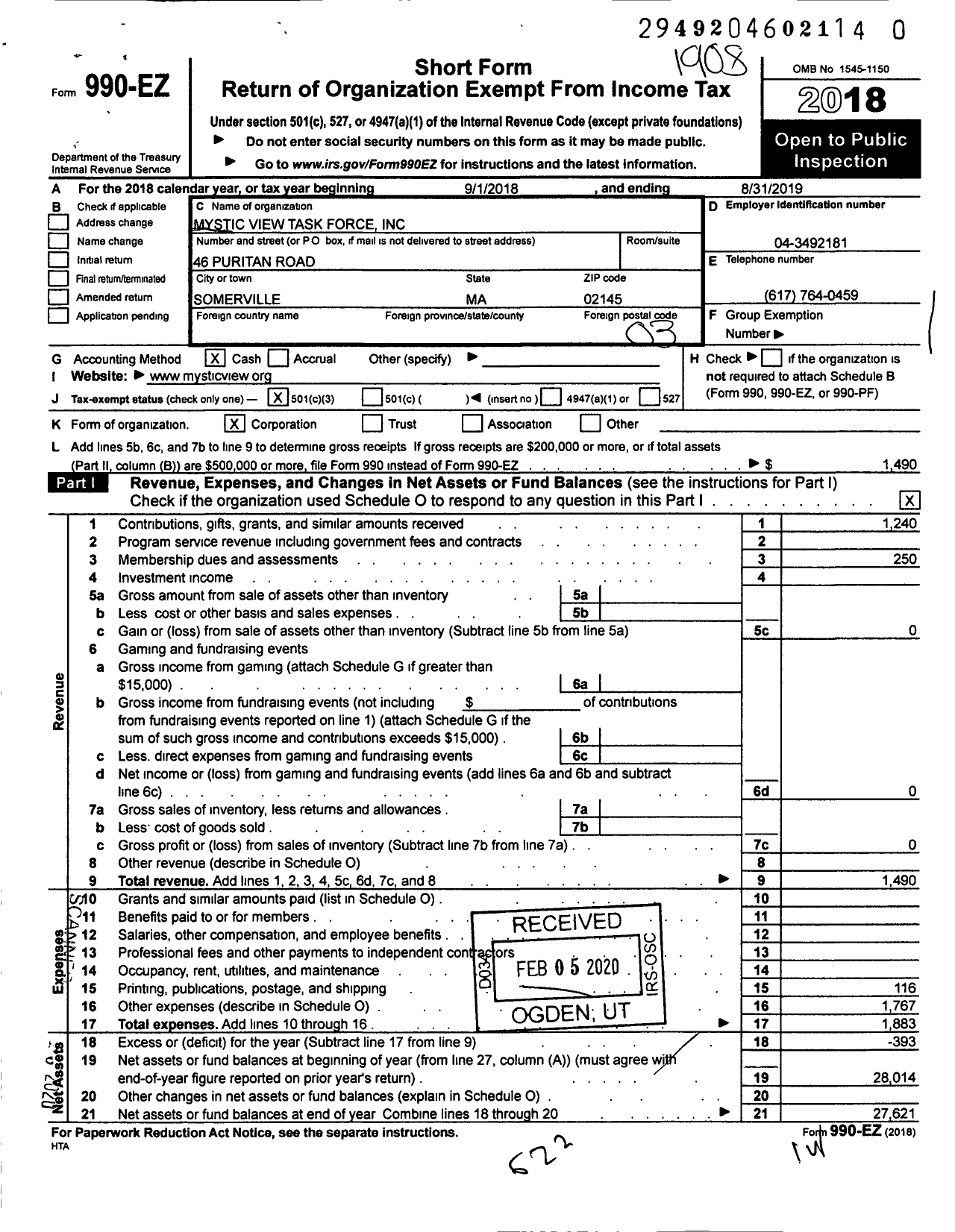 Image of first page of 2018 Form 990EZ for Mystic View Task Force