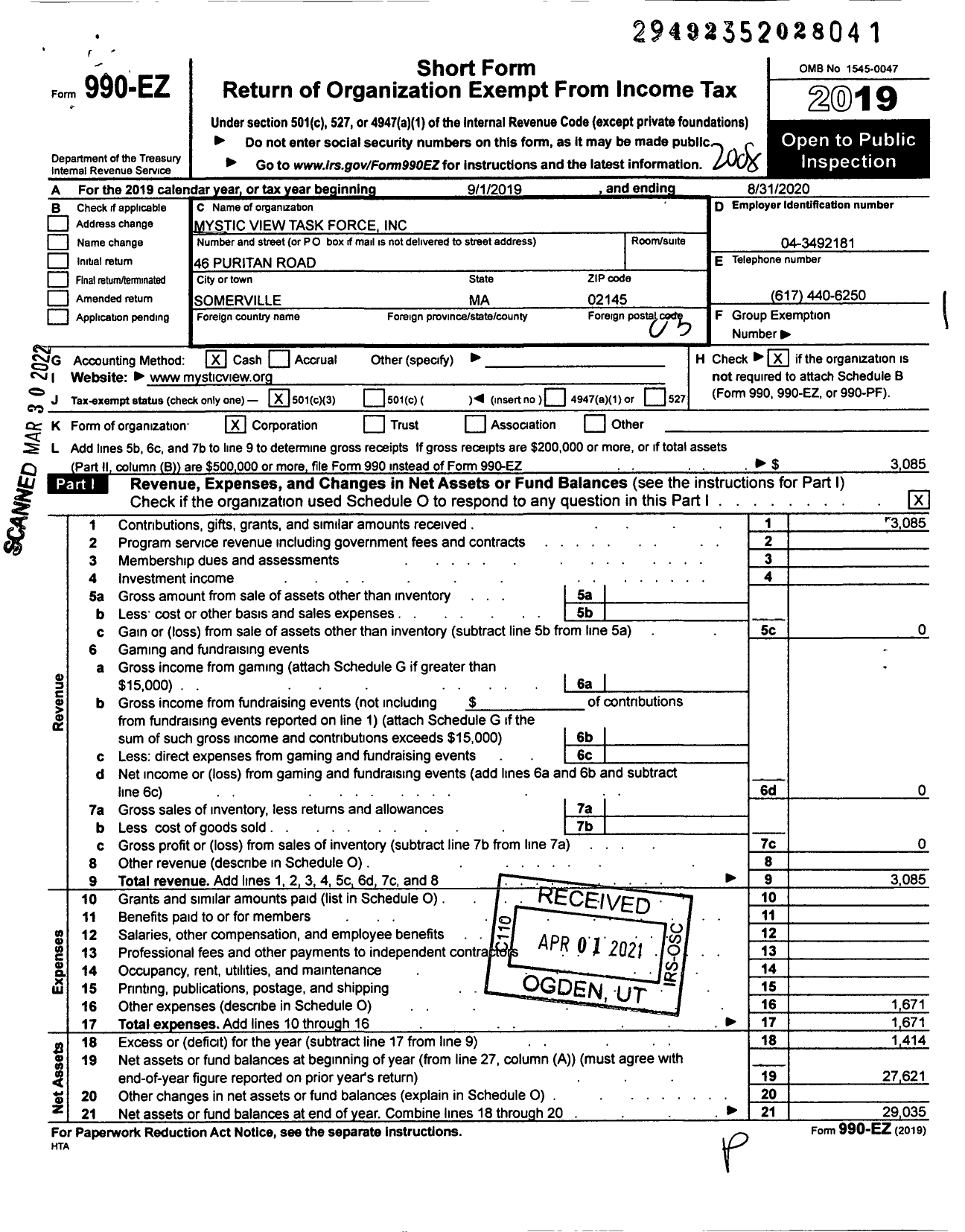 Image of first page of 2019 Form 990EZ for Mystic View Task Force