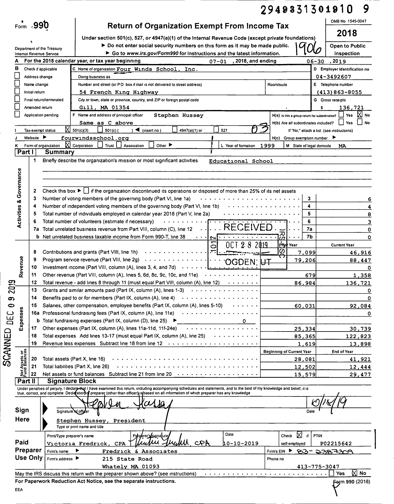 Image of first page of 2018 Form 990 for Four Winds School