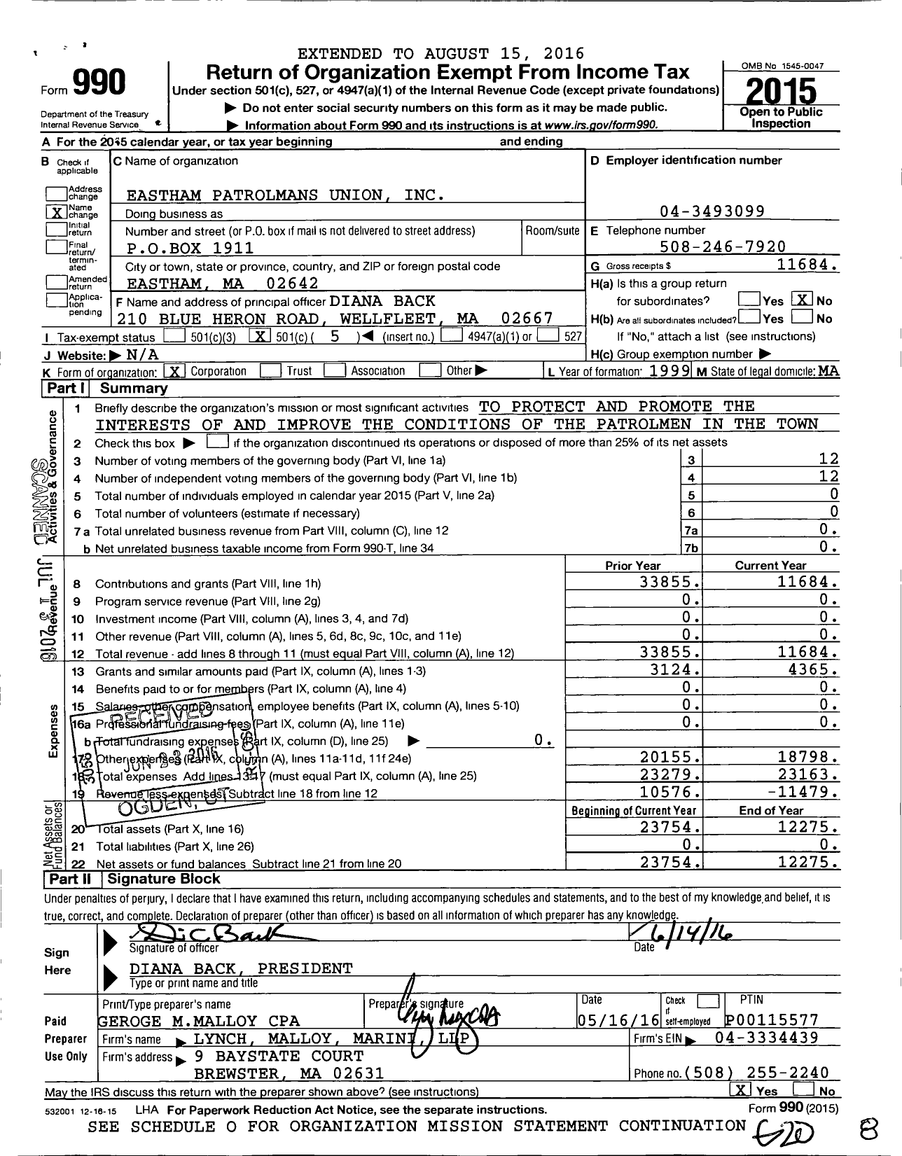 Image of first page of 2015 Form 990O for Eastham Patrolmans Union