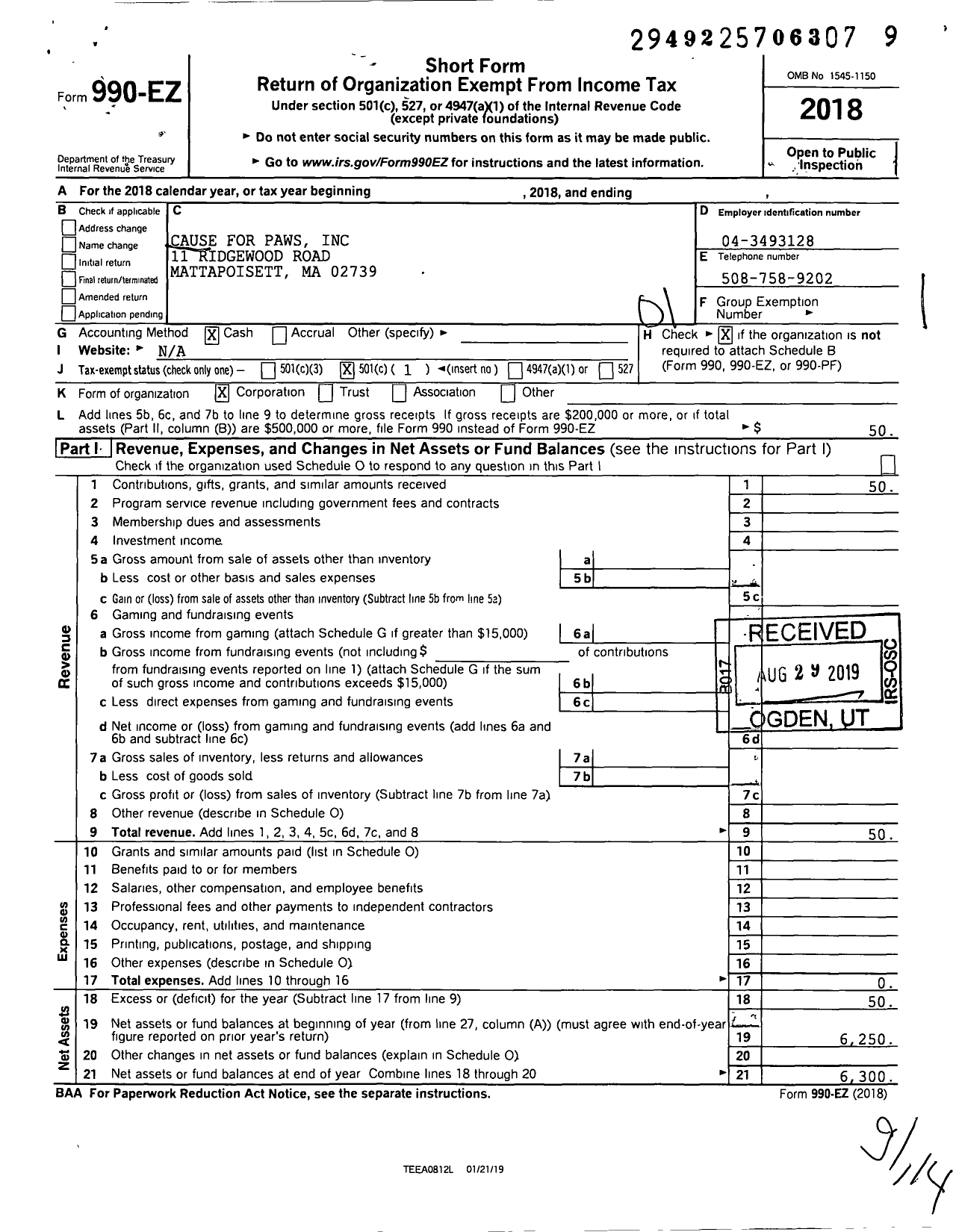 Image of first page of 2018 Form 990EO for Cause for Paws