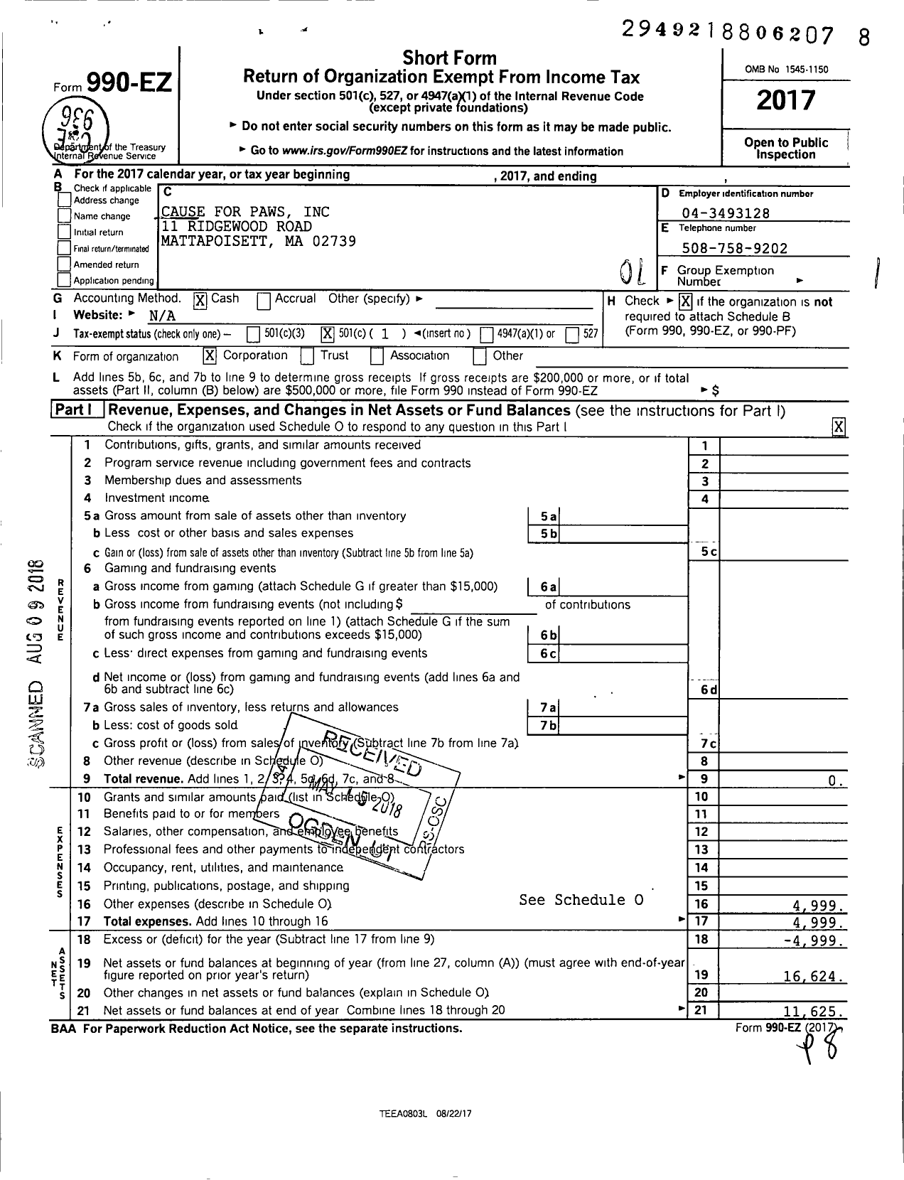 Image of first page of 2017 Form 990EO for Cause for Paws