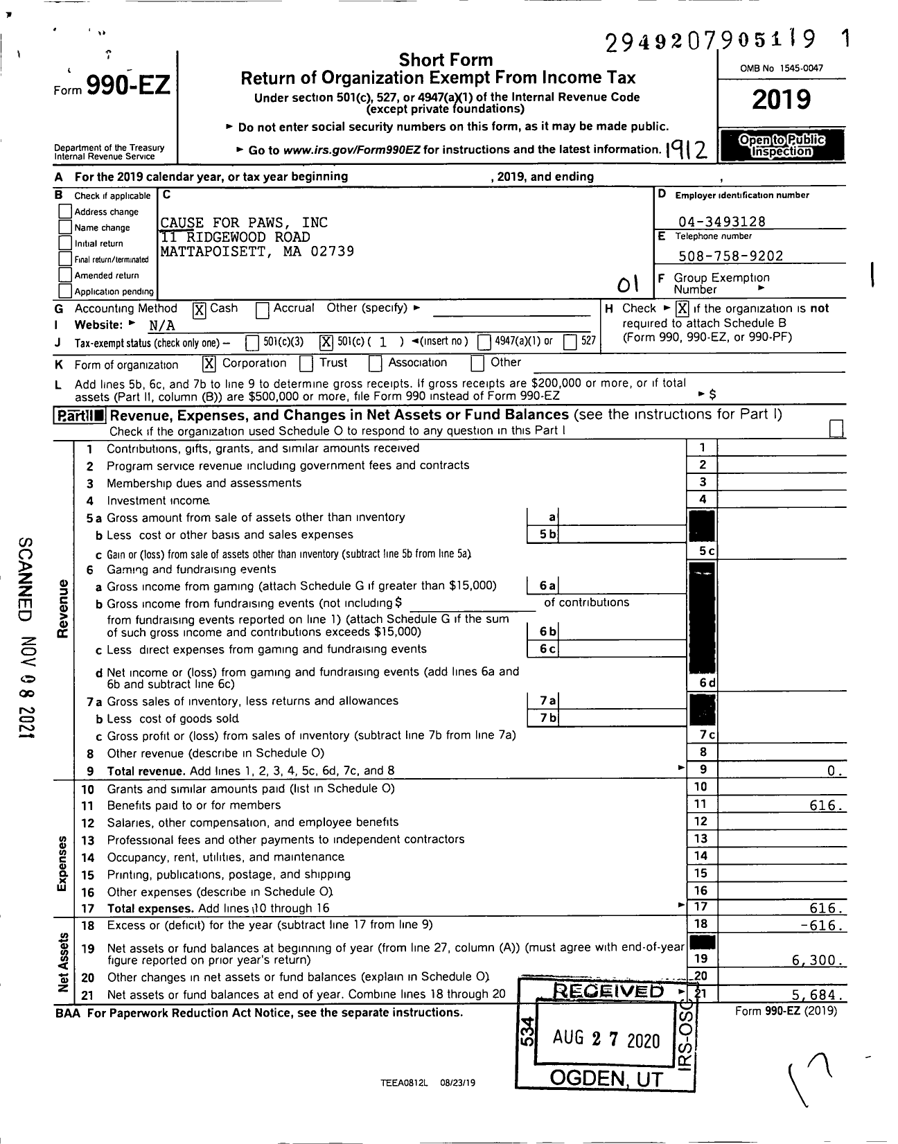 Image of first page of 2019 Form 990EO for Cause for Paws