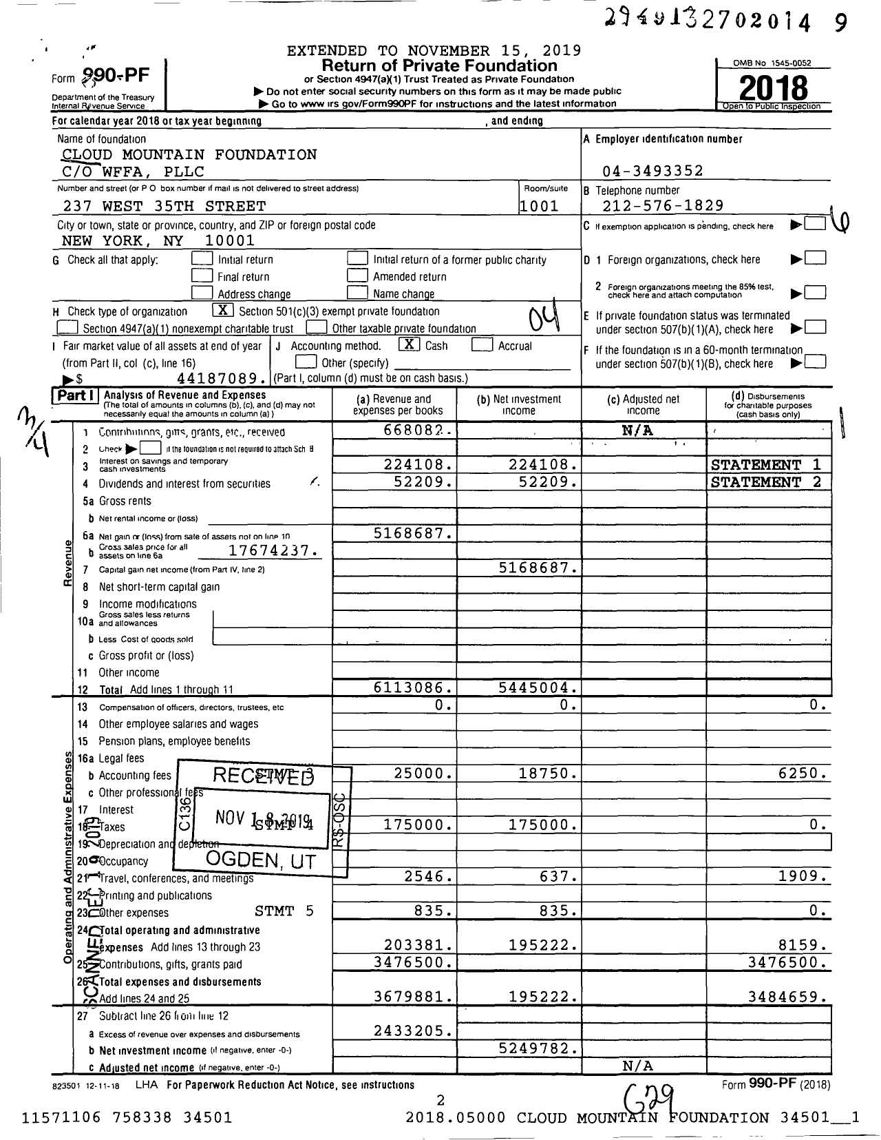 Image of first page of 2018 Form 990PF for Cloud Mountain Foundation