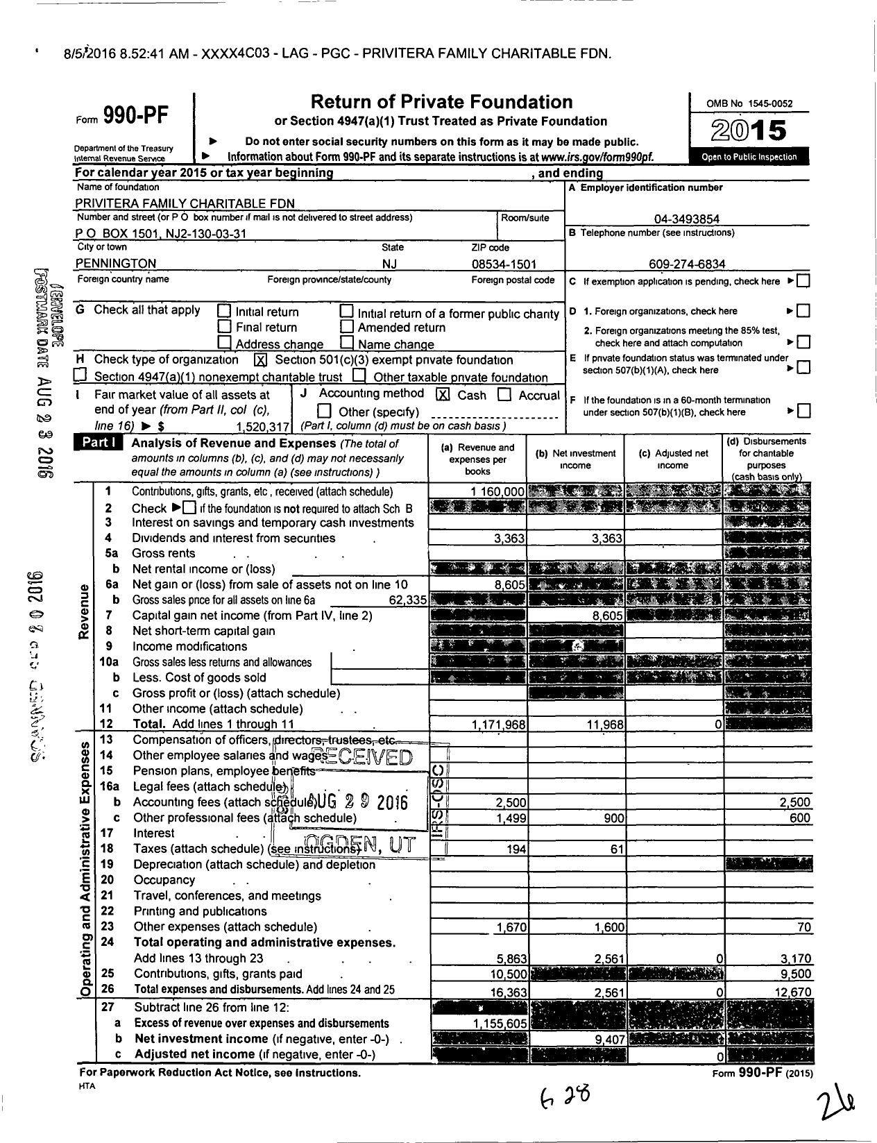 Image of first page of 2015 Form 990PF for Privitera Family Charitable Foundation