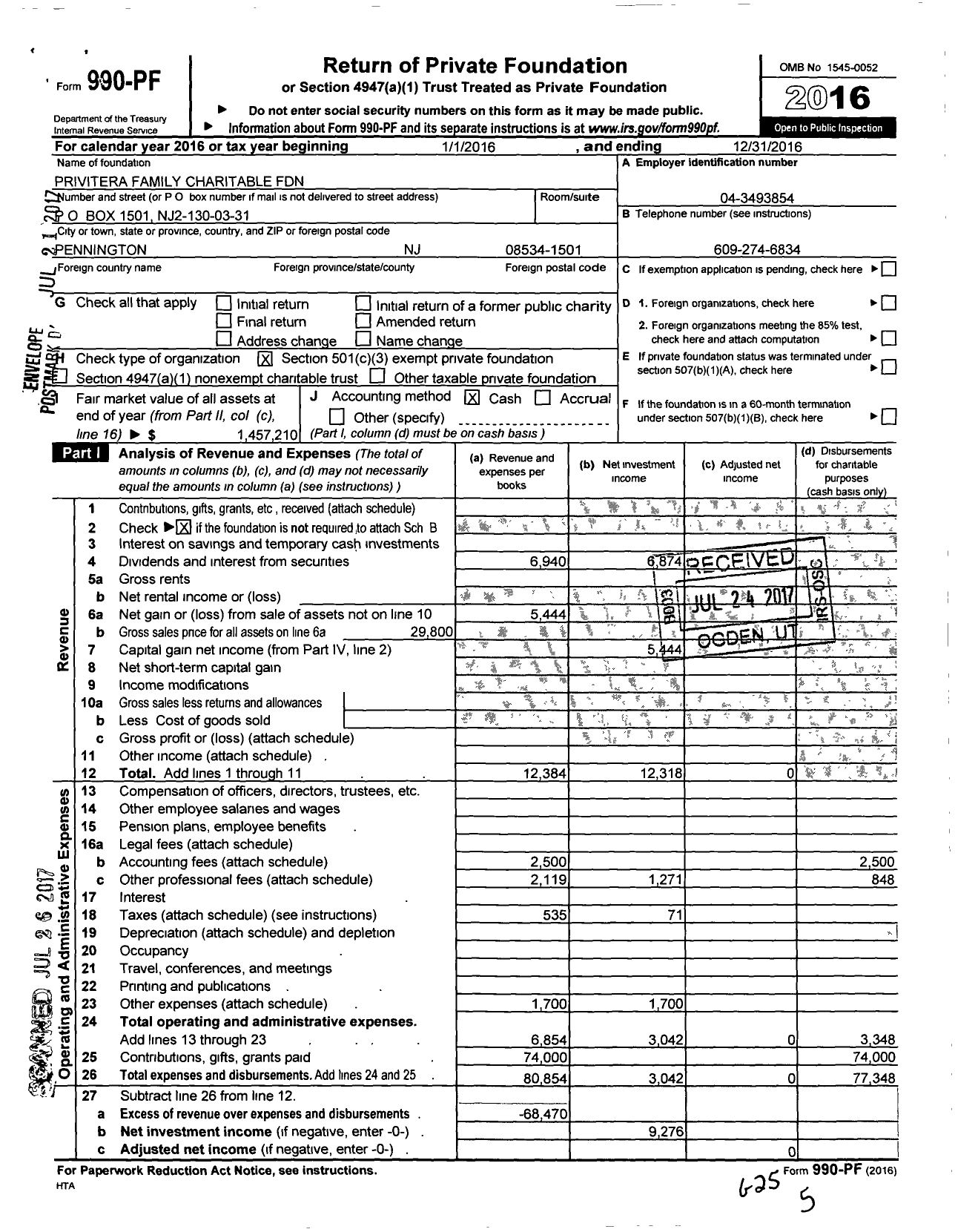 Image of first page of 2016 Form 990PF for Privitera Family Charitable Foundation