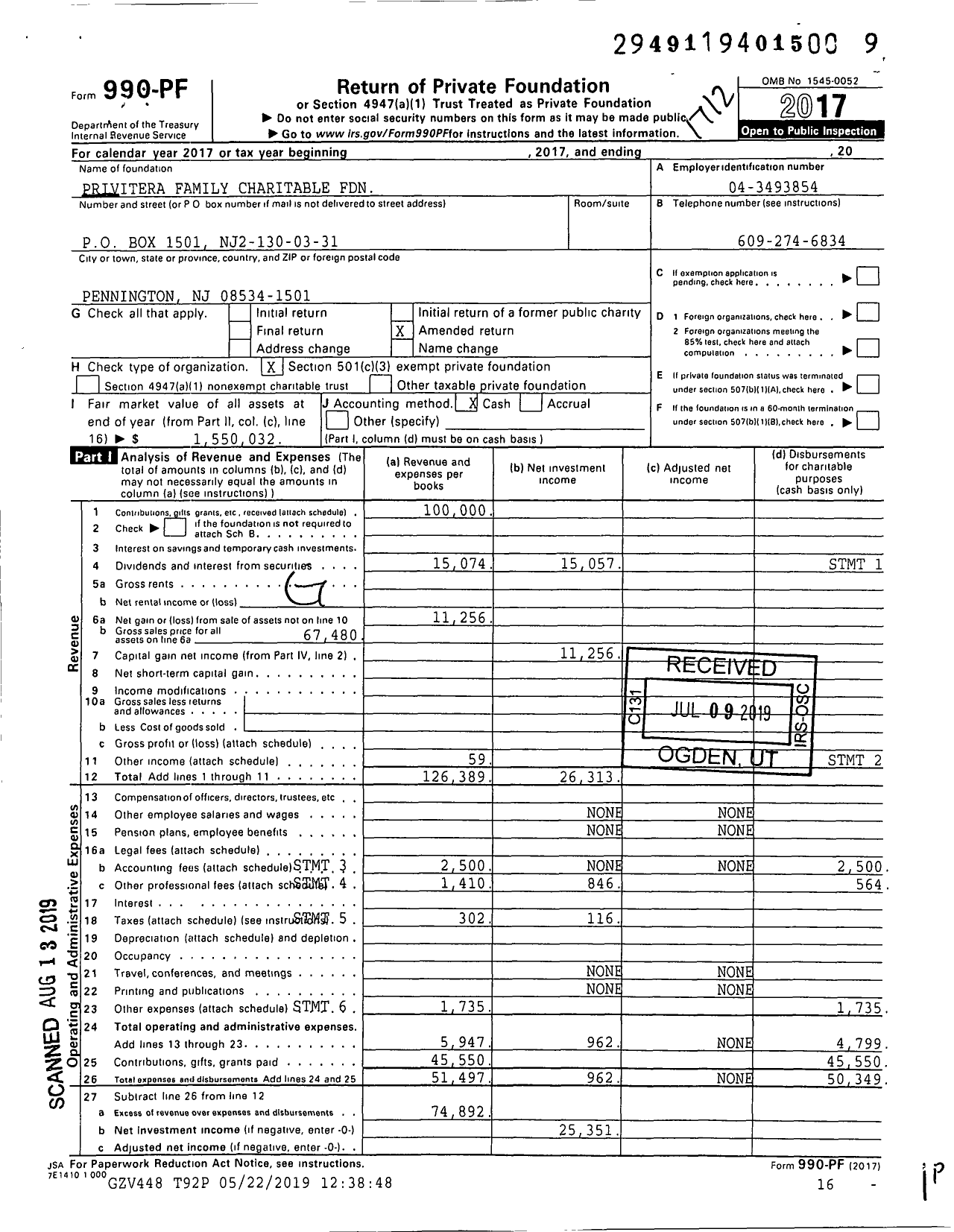 Image of first page of 2017 Form 990PF for Privitera Family Charitable Foundation