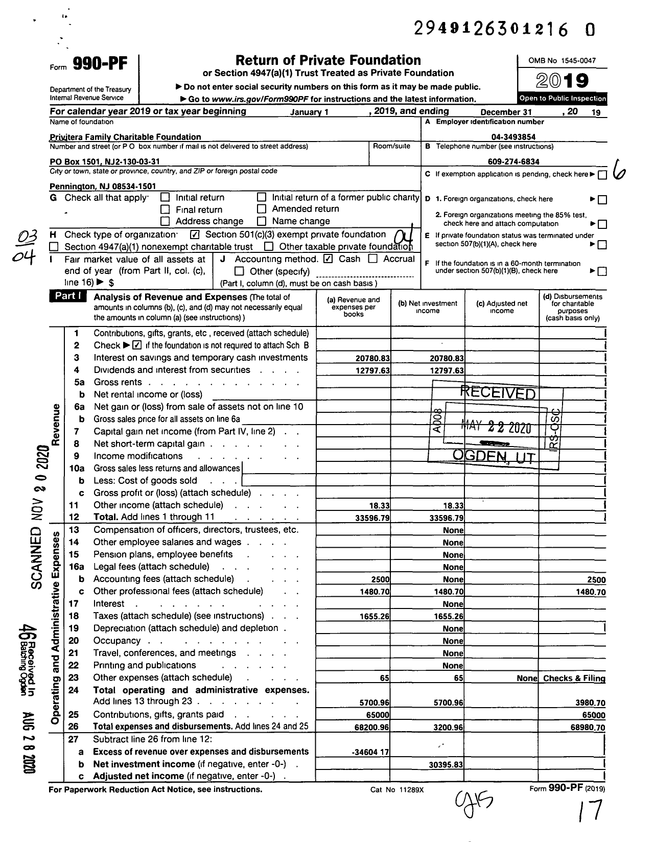 Image of first page of 2019 Form 990PF for Privitera Family Charitable Foundation