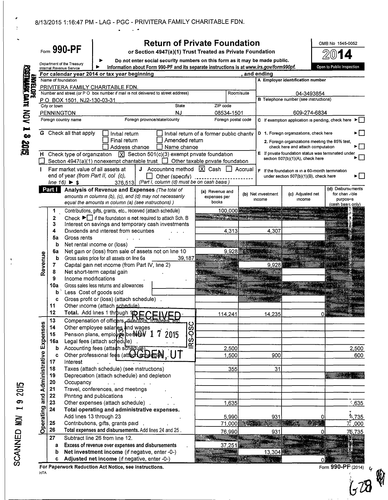 Image of first page of 2014 Form 990PF for Privitera Family Charitable Foundation