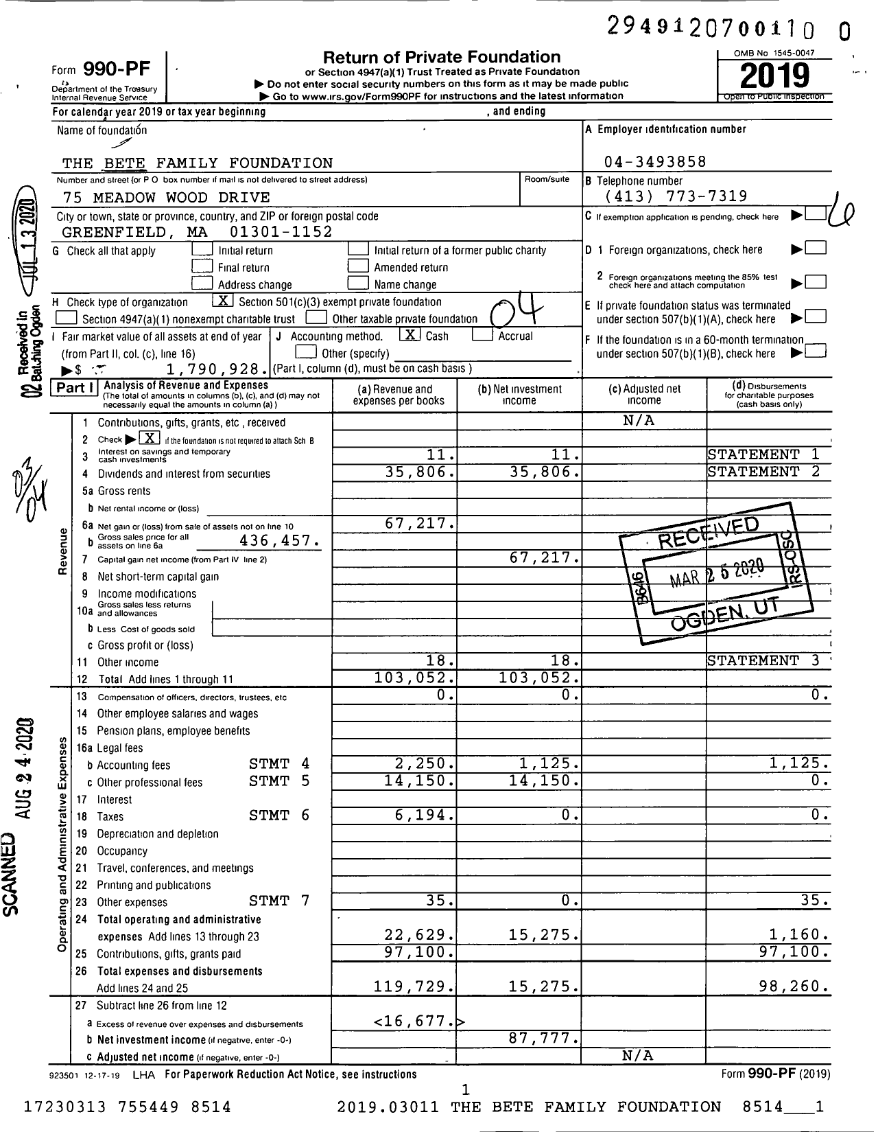 Image of first page of 2019 Form 990PR for The Bete Family Foundation