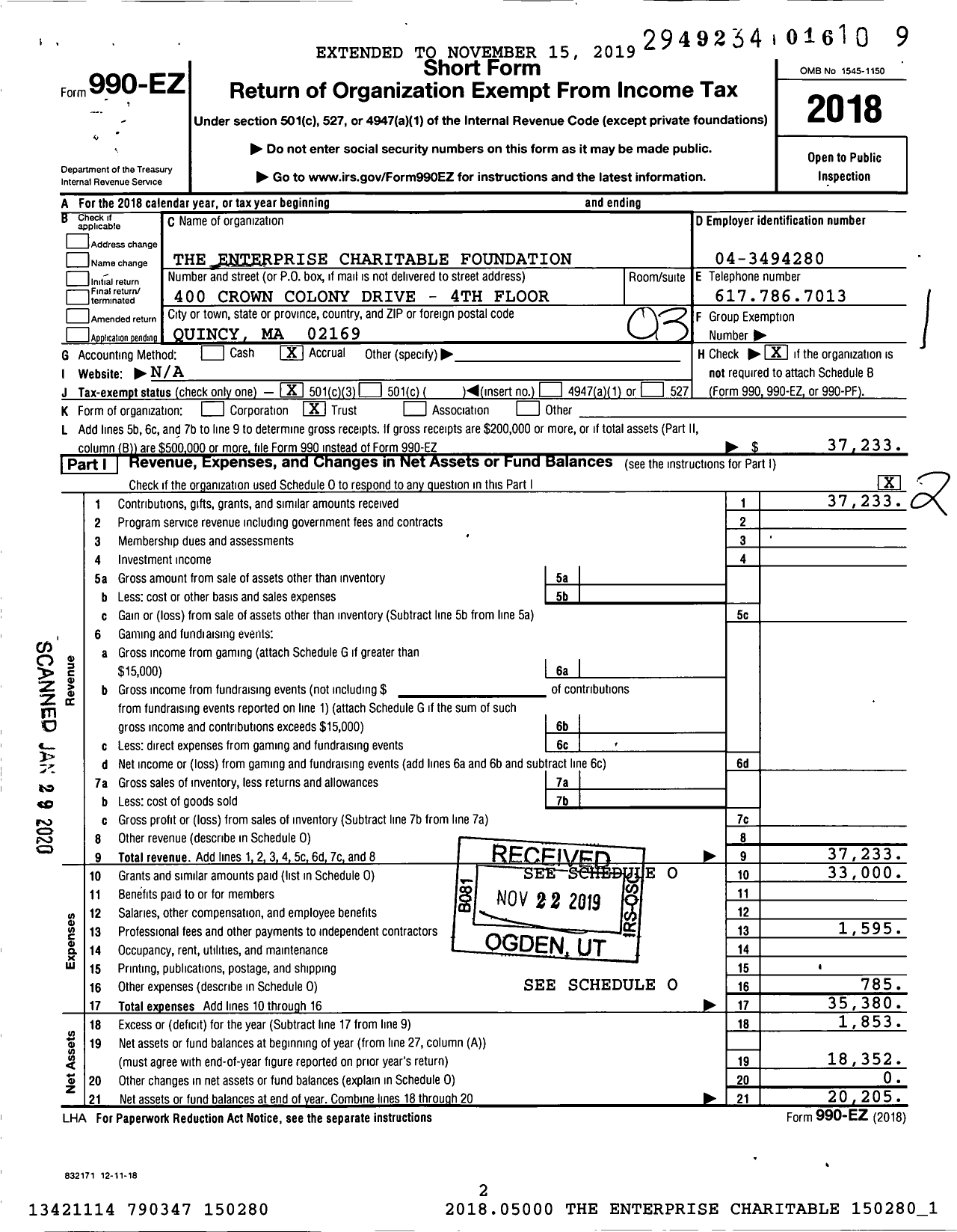 Image of first page of 2018 Form 990EZ for The Enterprise Charitable Foundation