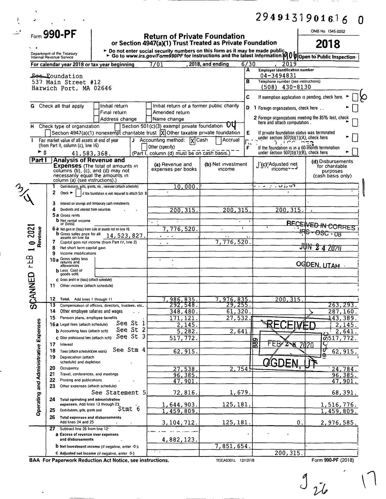 Image of first page of 2018 Form 990PF for Eos Foundation