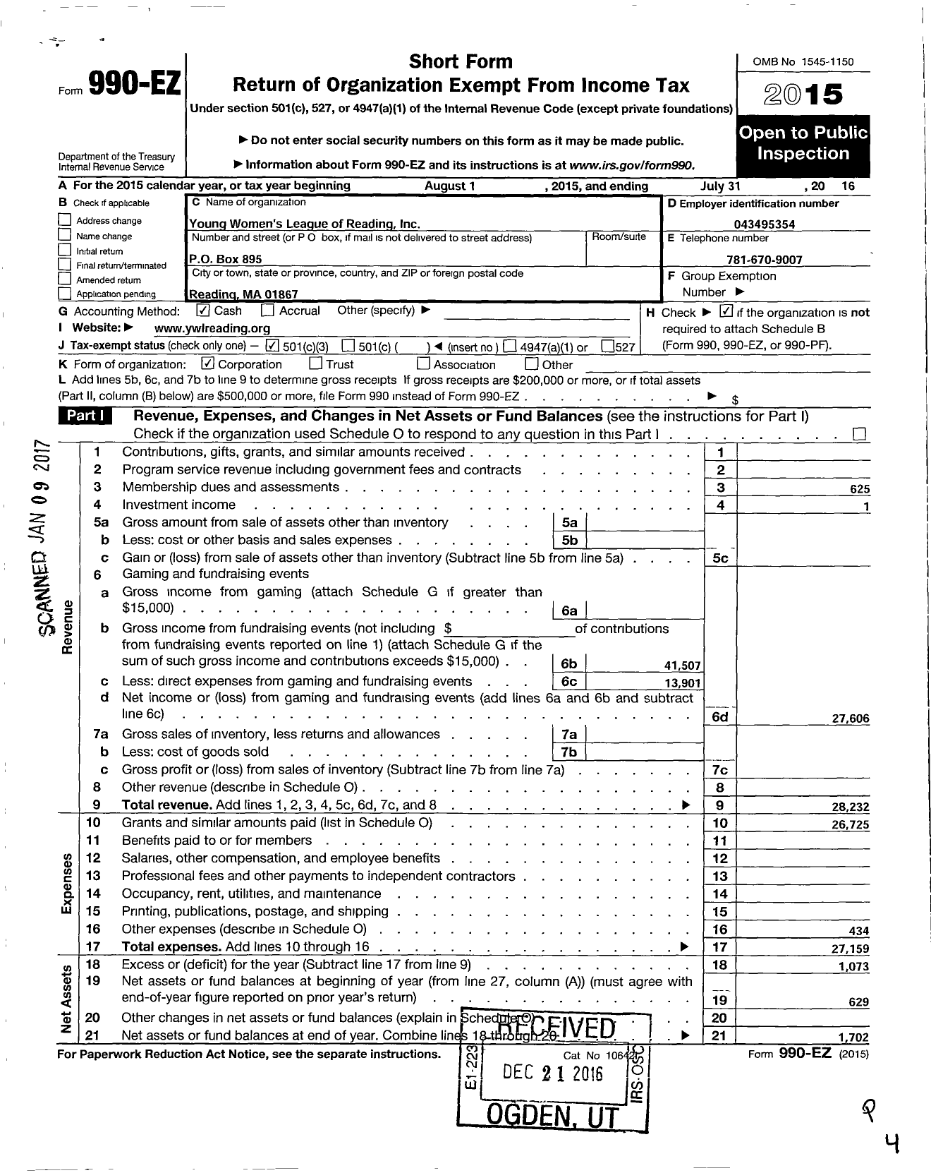 Image of first page of 2015 Form 990EZ for Womens League of Reading