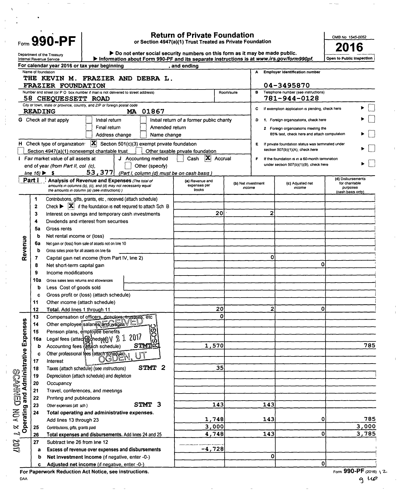 Image of first page of 2016 Form 990PF for The Kevin M Frazier and Debra L Frazier Foundation